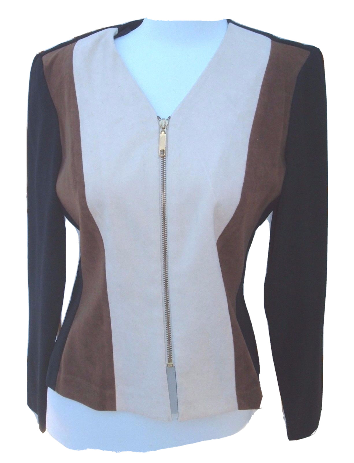 Vintage Top 80’s Betsy Lauren Petites 8 retro zip front soft brown colorblock