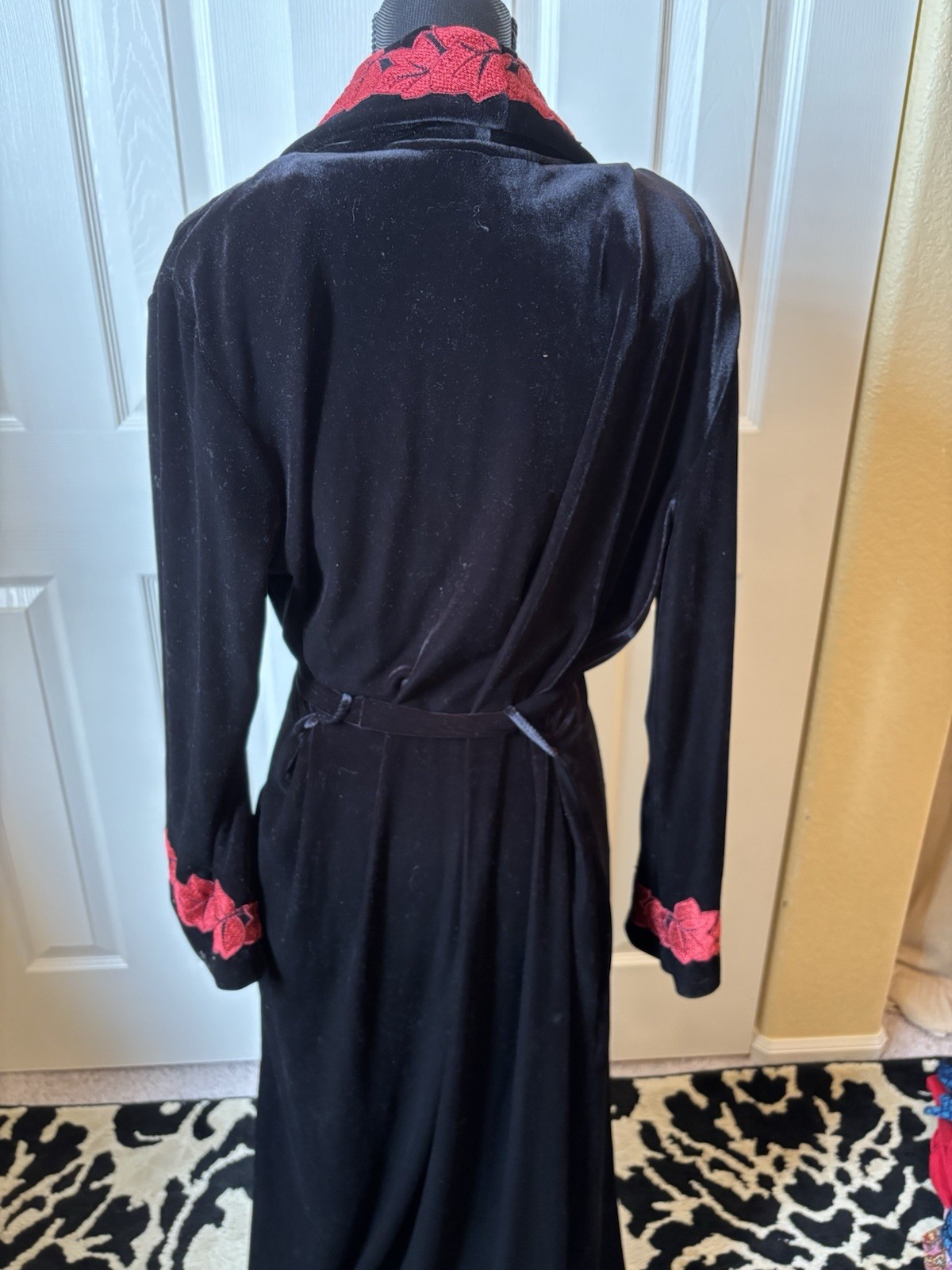 Diamond Tea Vintage Robe Long Black Velvet with Red Floral Design