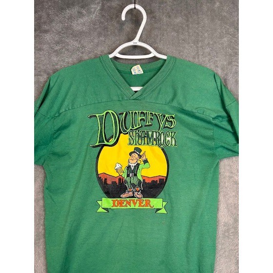 Vintage Champion Duffys Shamrock Denver Jersey Shirt Green 3/4 Sleeve Mens M