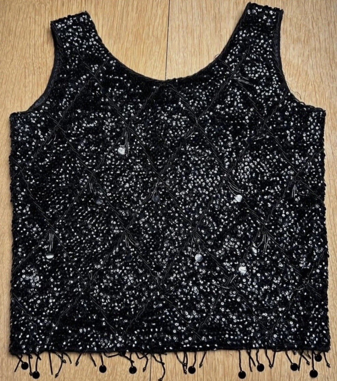 Black Sequined Zip Up Vest With Tassels 100 Percent Wool – Size Small Vintage