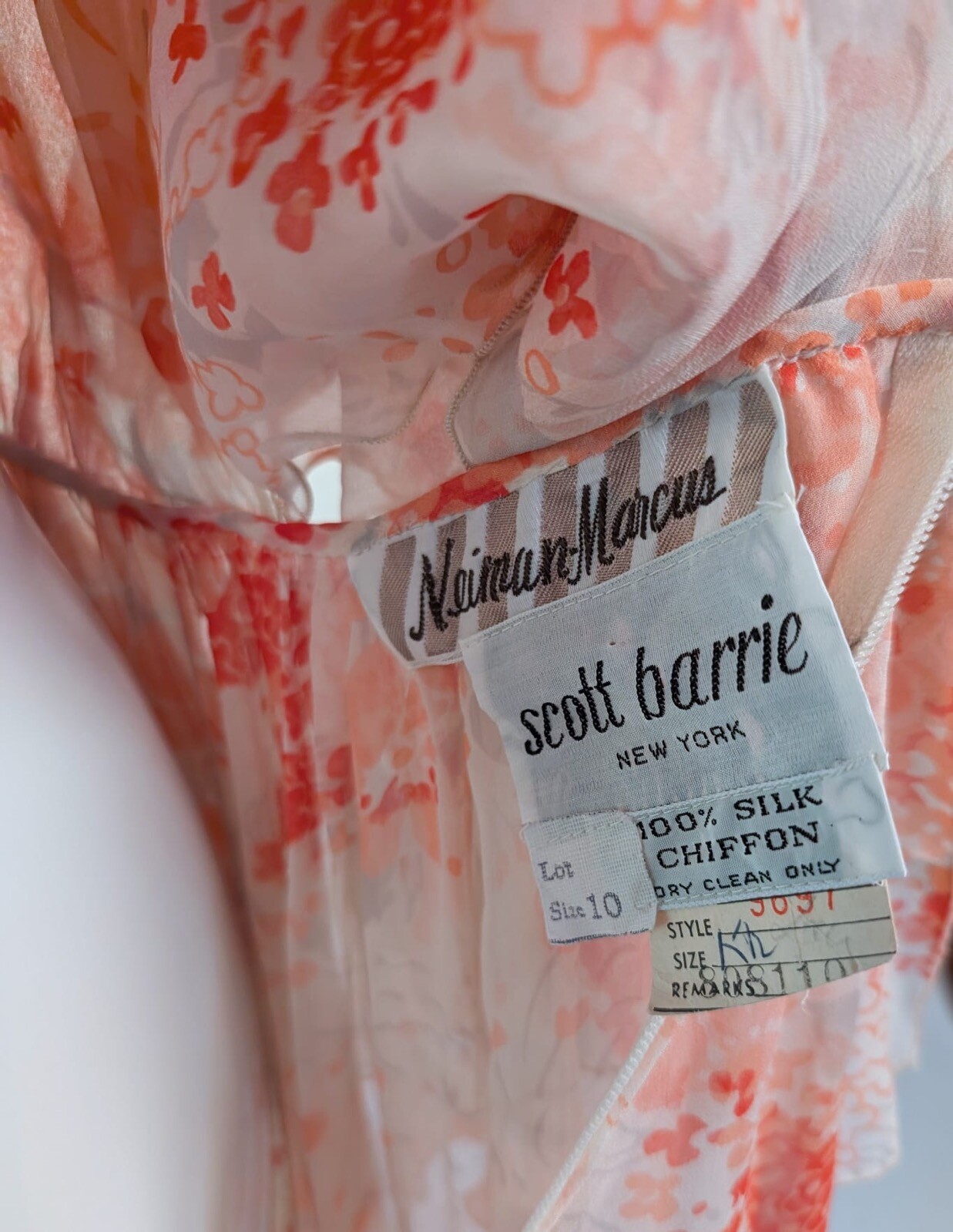 1970’S PINK FLORAL SHEER SILK CHIFFON DRESS W CAPE SLEEVES + NIEMAN MARCUS LABEL