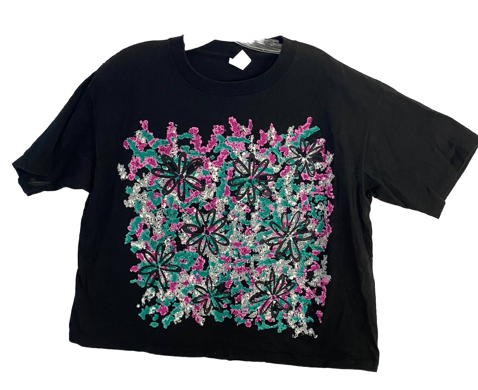 VTG 80s 90s Painted Flowers T-Shirt One Size Oversized S M L Womens Black
