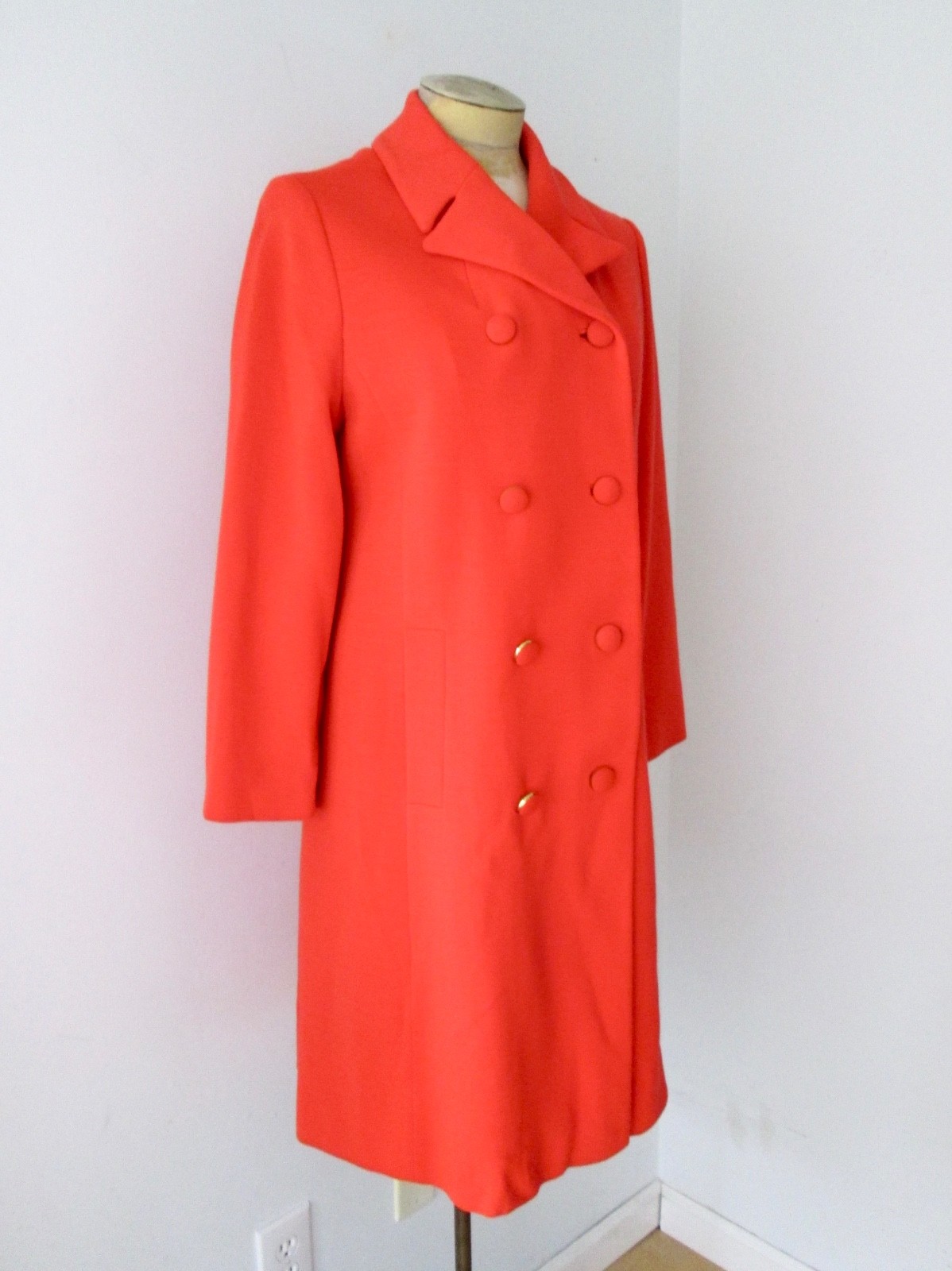 VGC Vtg 60s Mod Tomato Red Wool Knit Double Breasted Military Coat Back Belt S/M