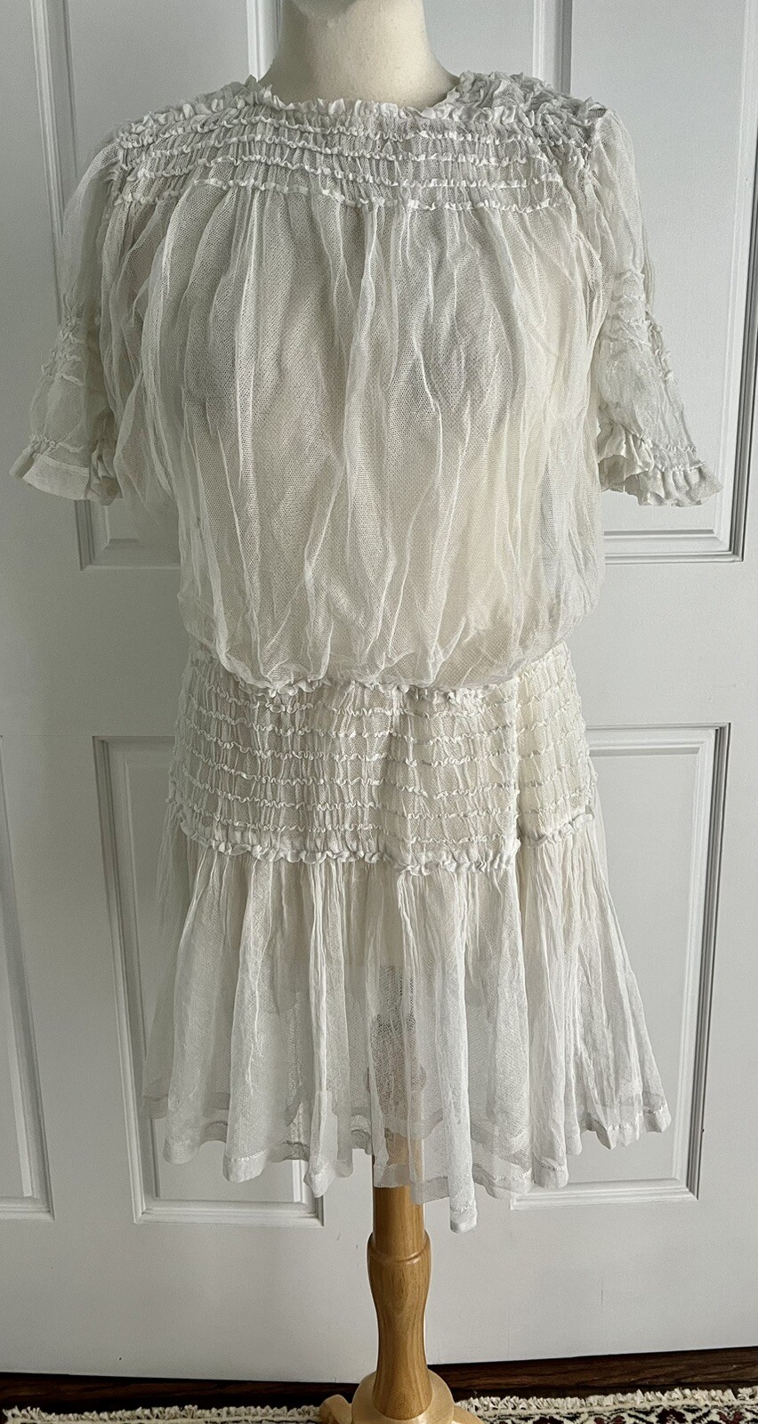 Vintage 1920s White Mesh Tulle Smocked Drop Waist Tunic Style Dress