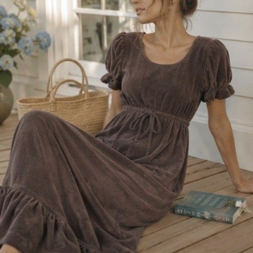 Vintage Velour Empire Waist Brown Maxi Dress Puff Sleeve Cottage Victorian 1970s