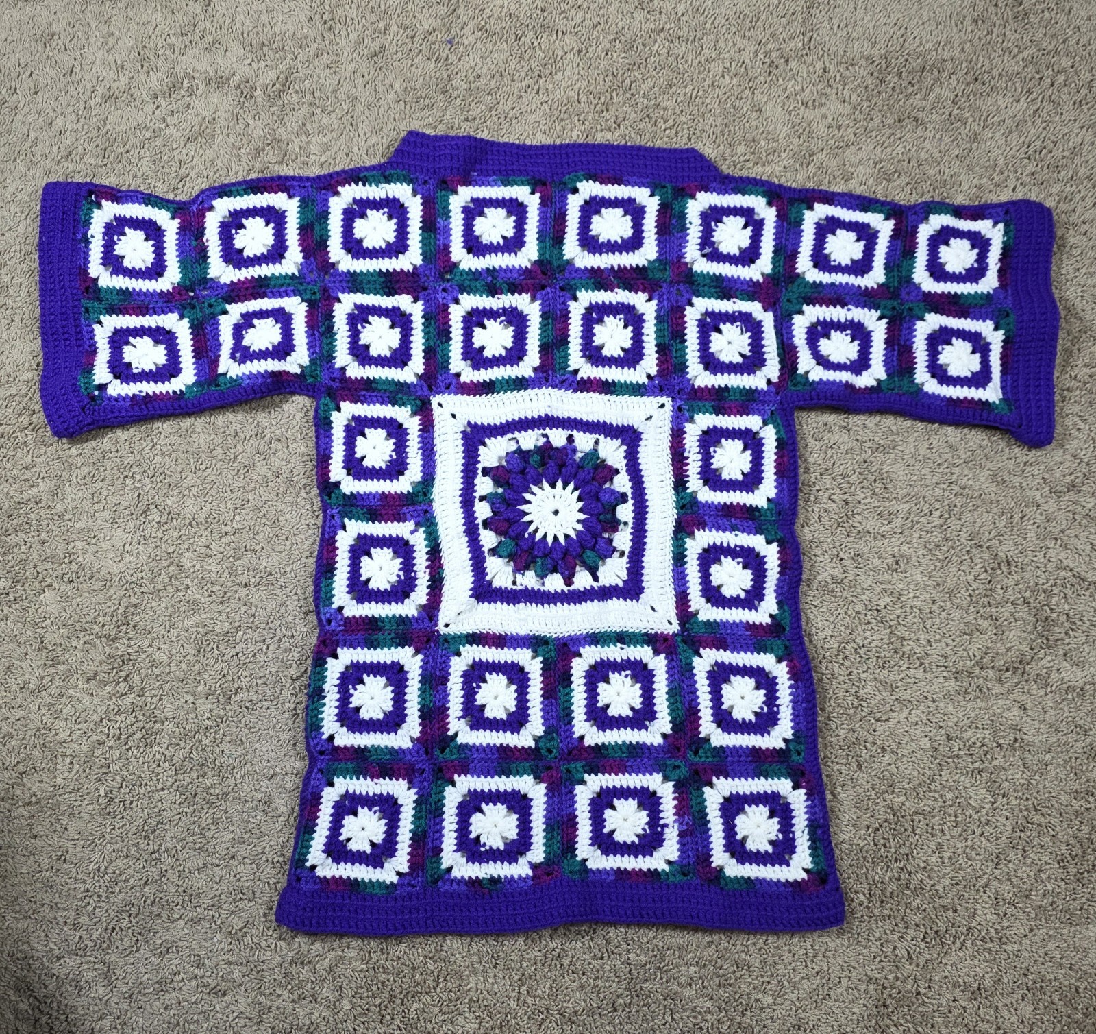 VTG. Handknit Dress Long Tunic Handmade Purple White Green Boho Hippie Size S