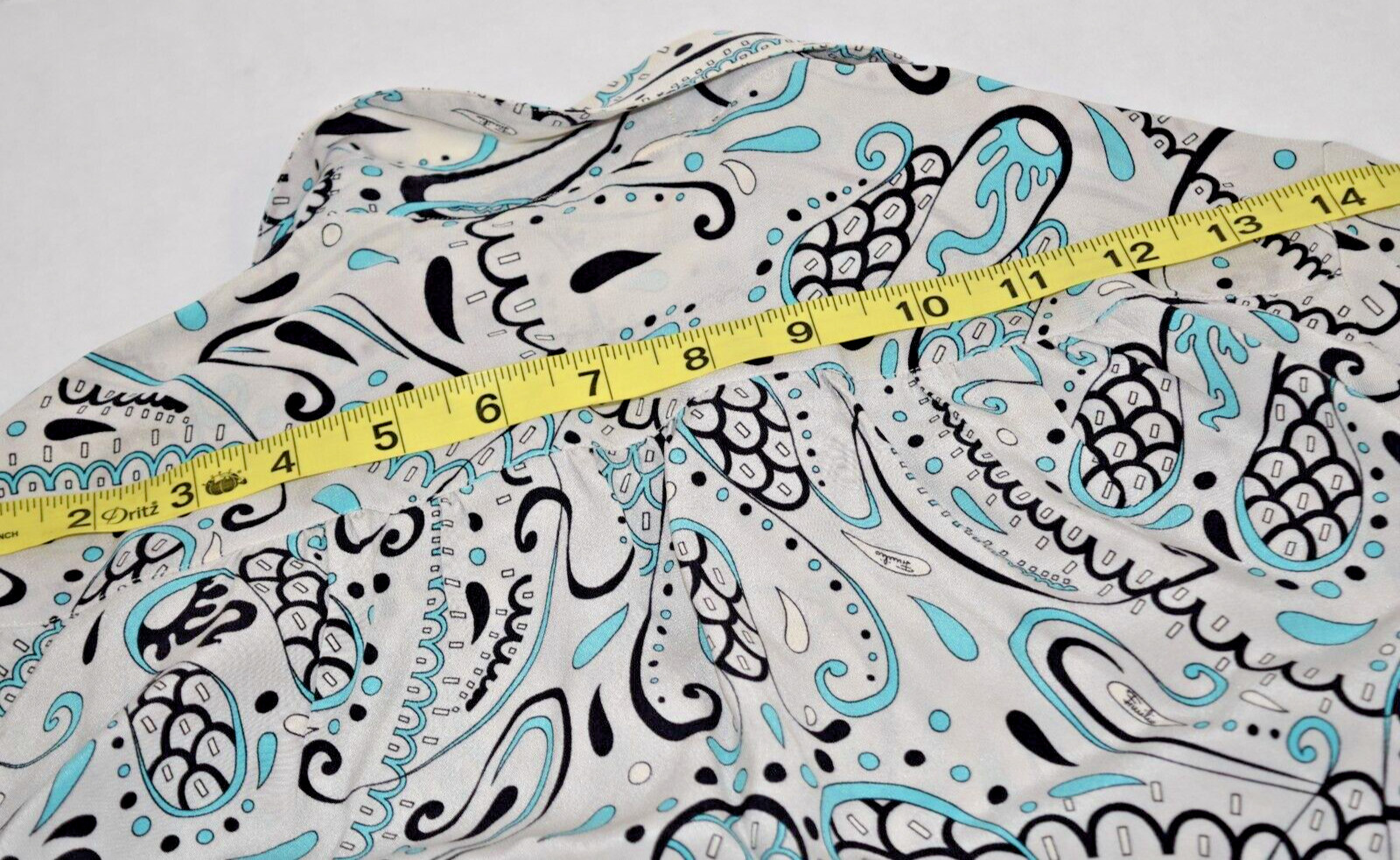 Vintage Emilio Pucci Shirt Size S/M 60s Pale Gray Turquoise Black Paisley Swirls