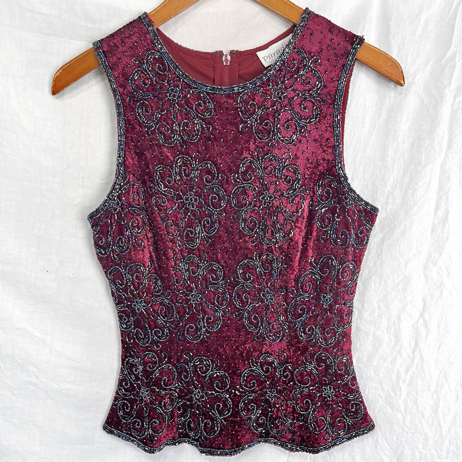 Vintage Paradise NY Beaded Velvet Floral Sleeveless Top Maroon Zip Size Small S