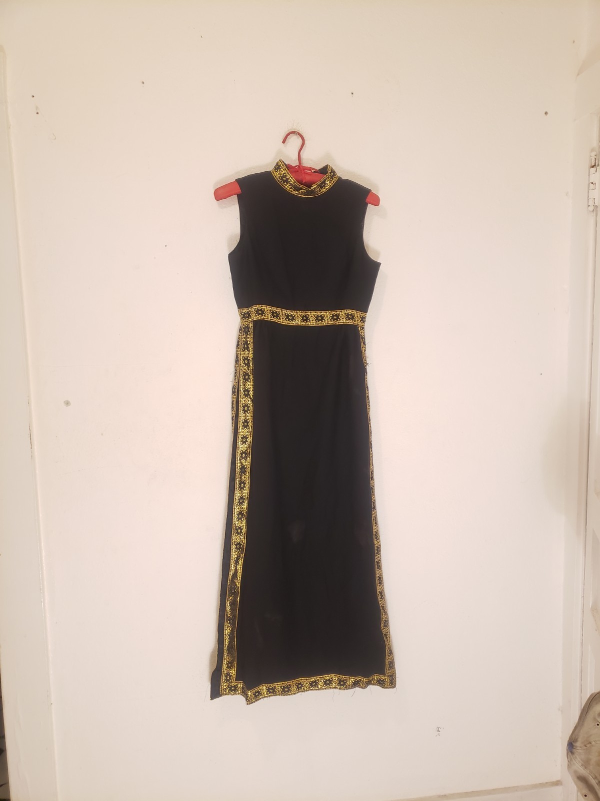 Vtg 60s 70s Grecian Style High Side Slits Maxi Dress Sz M AS IS Black Gold
