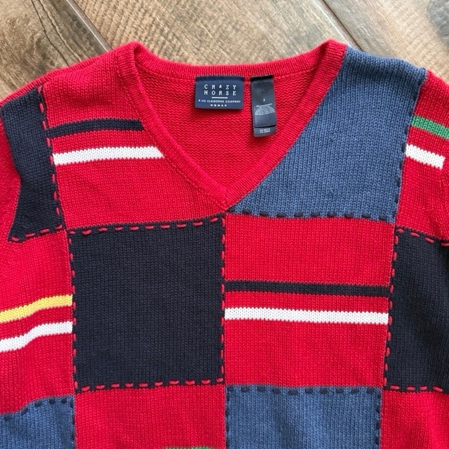 Crazy Horse Vintage Patchwork Crew Neck Knit LS Sweater,Red Blue Navy,2(NWT)