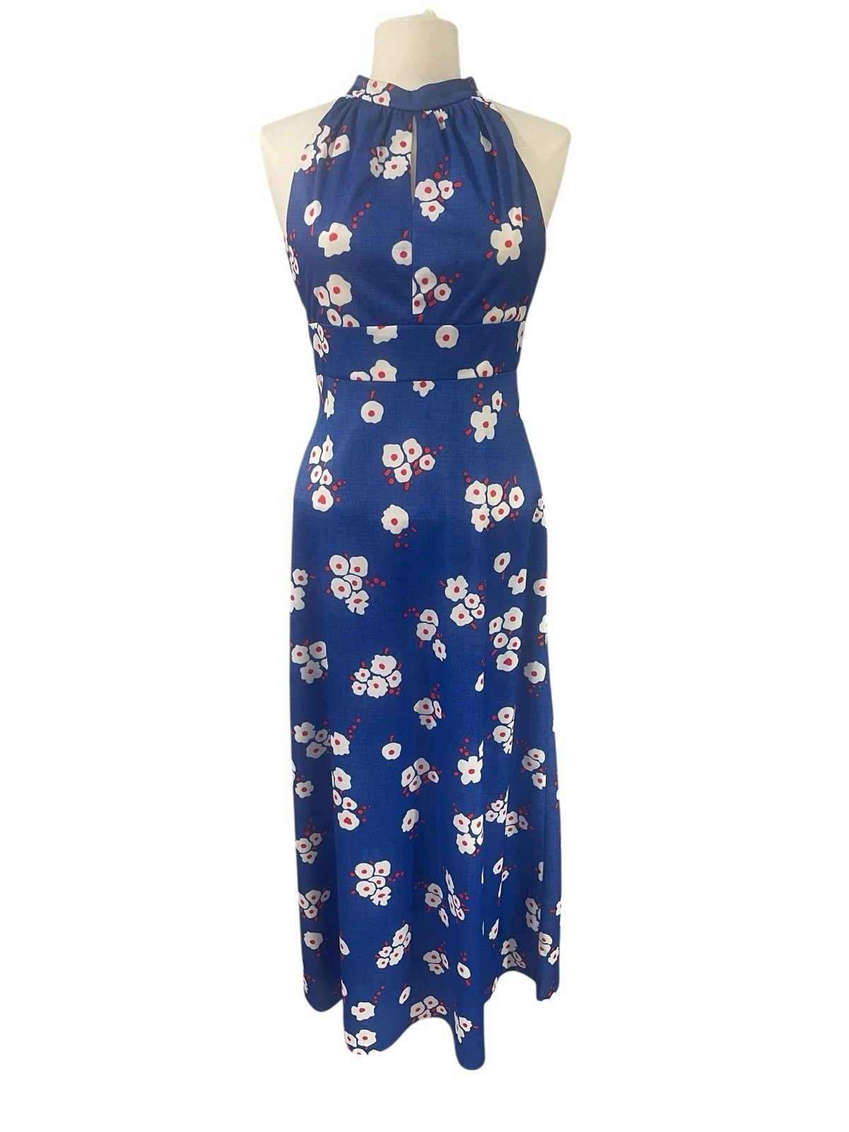 70s Vintage Mock Neck Open Back Blue White Red Dress Mod Flower Power XS/S