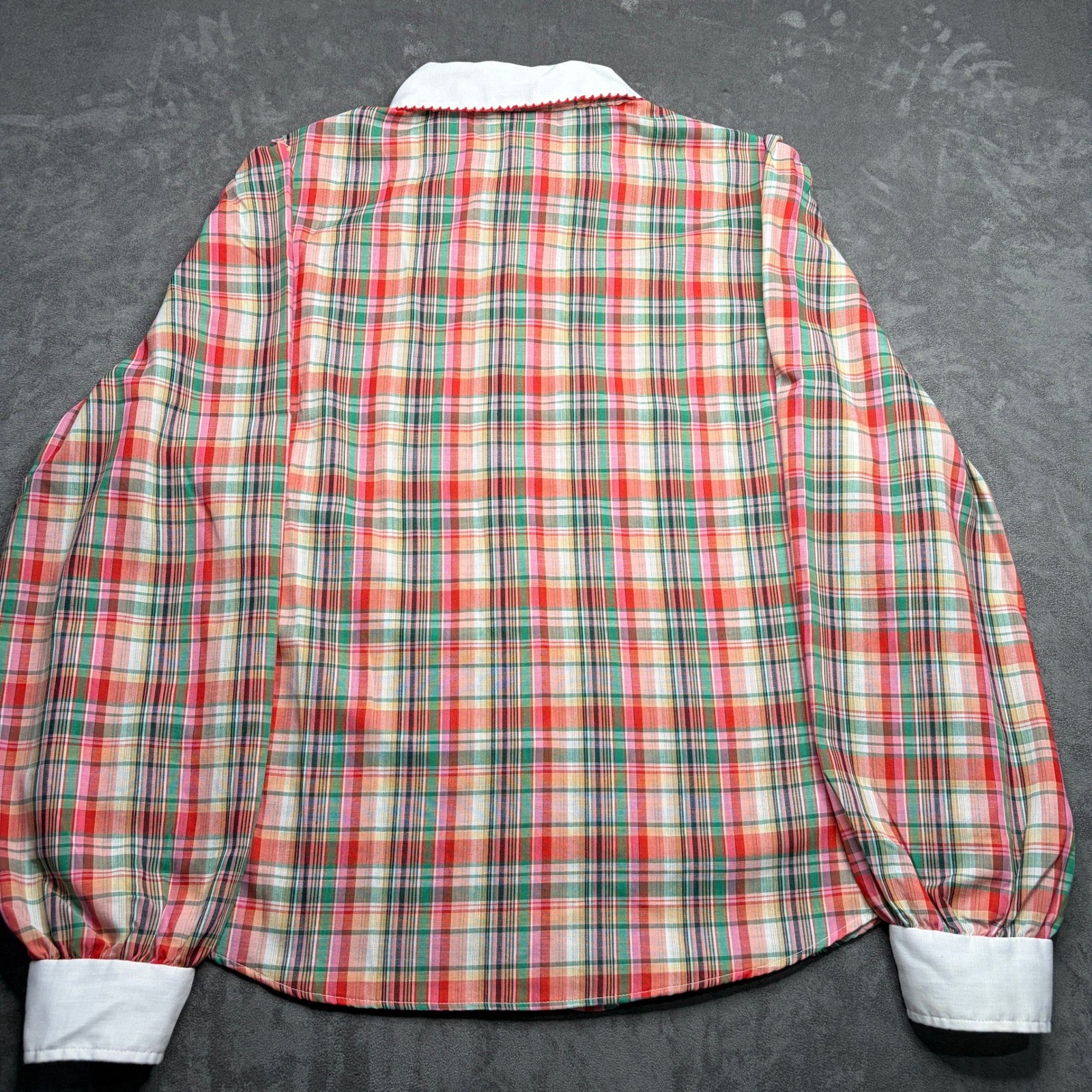 Oak Hill Plaid Blouse Women 18 Red Pink Scalloped Peter Pan Collar Puff Sleeve