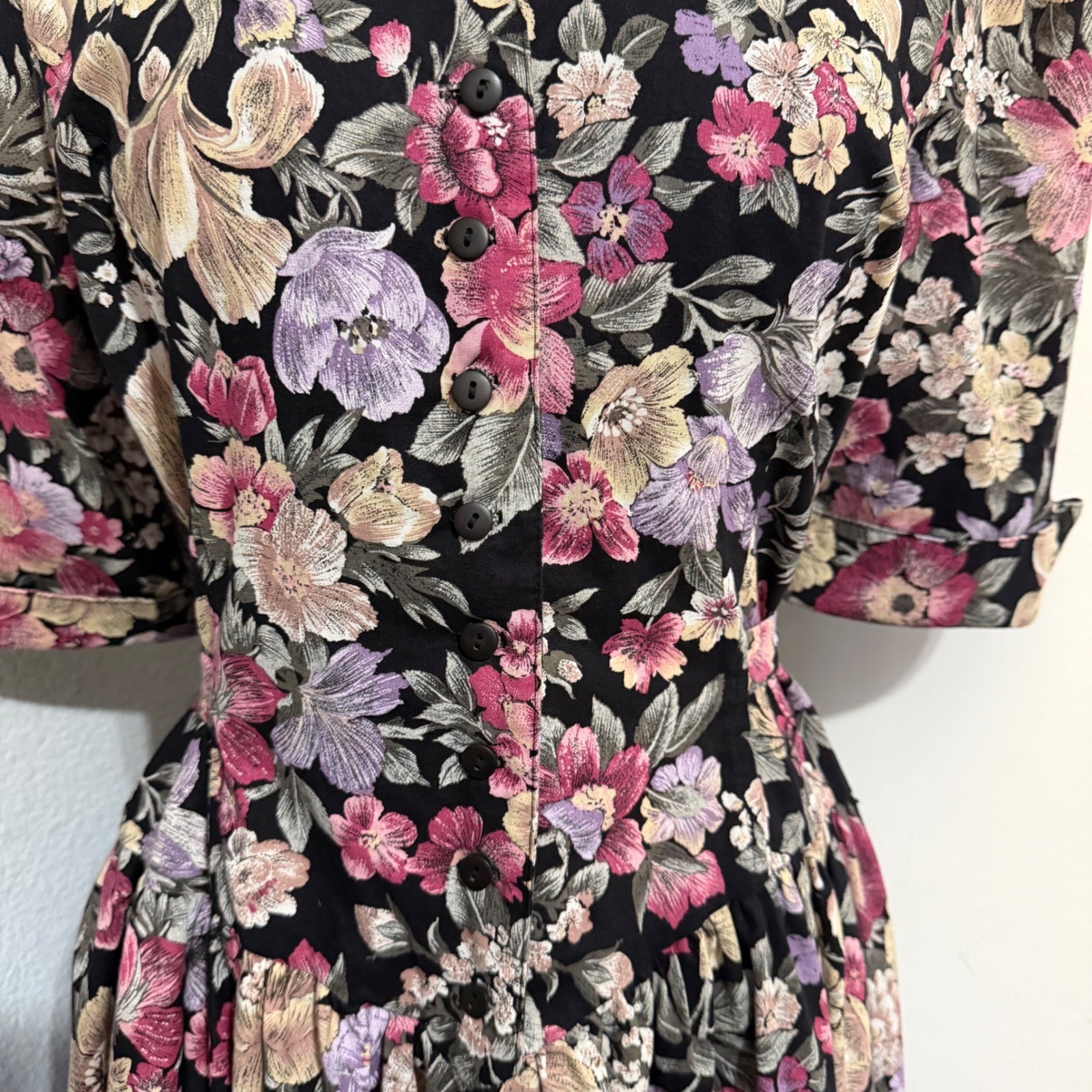 Miss Dorby Vintage 90s Floral Midi Dress L Black Purple Button Front USA Made
