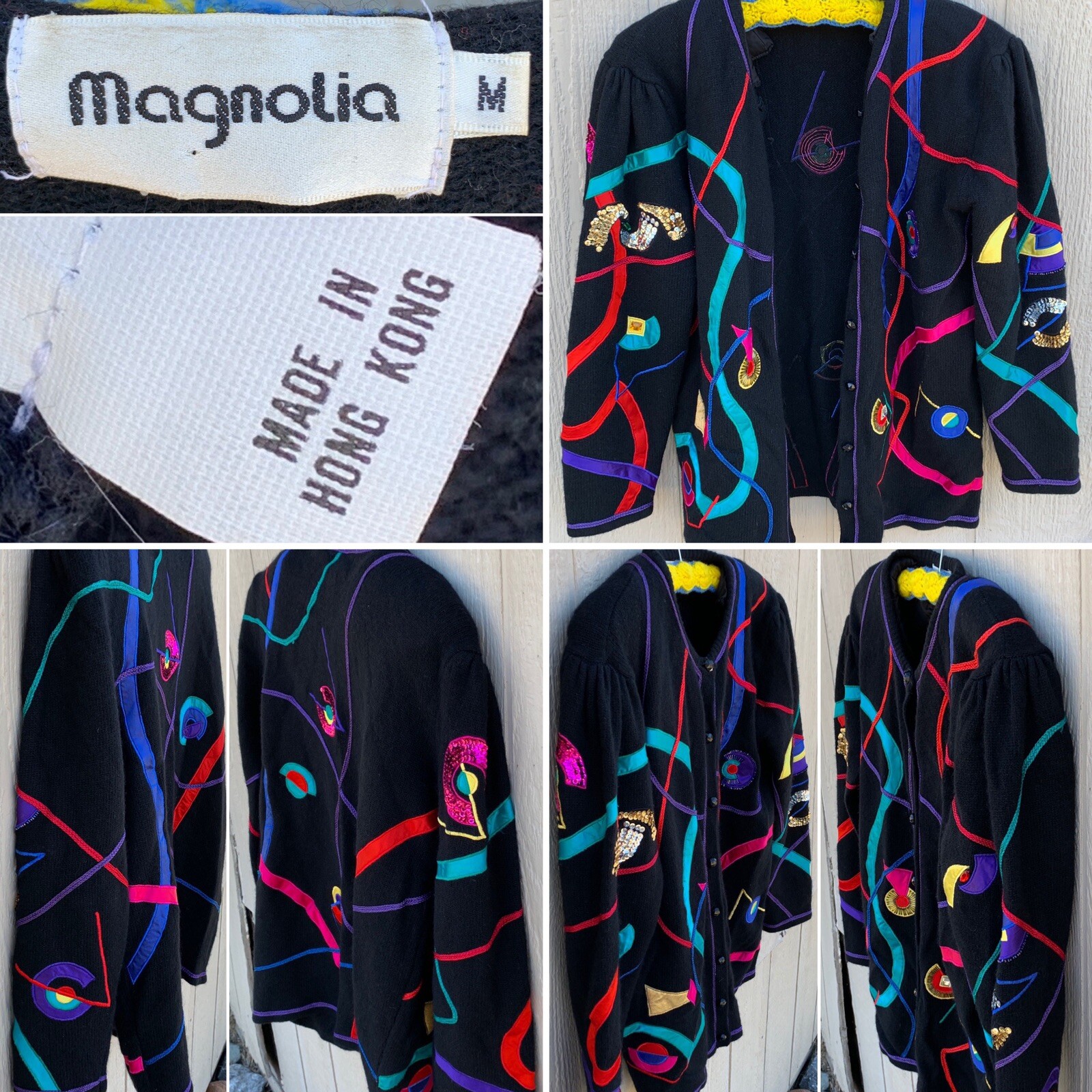 Vintage Magnolia Cardigan Sweater 80s 90s 1980s Geometric M Puffy Shoulders