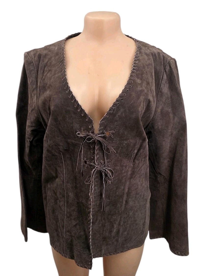 Vtg 90s Faded Glory Brown Suede Leather Jacket Lace Up Whipstitch Women L 70s