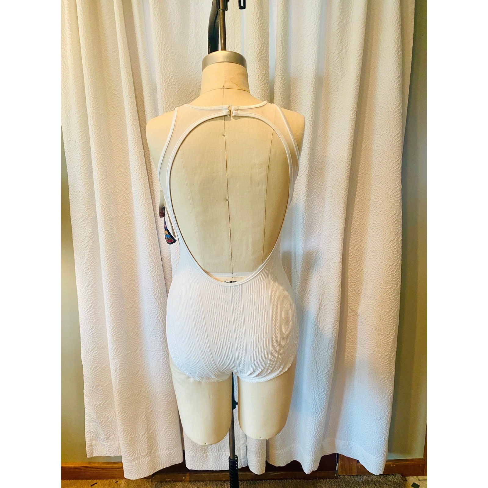 Vintage Jantzen Cable Knit White One Piece Mesh Window Swimsuit, Size 10
