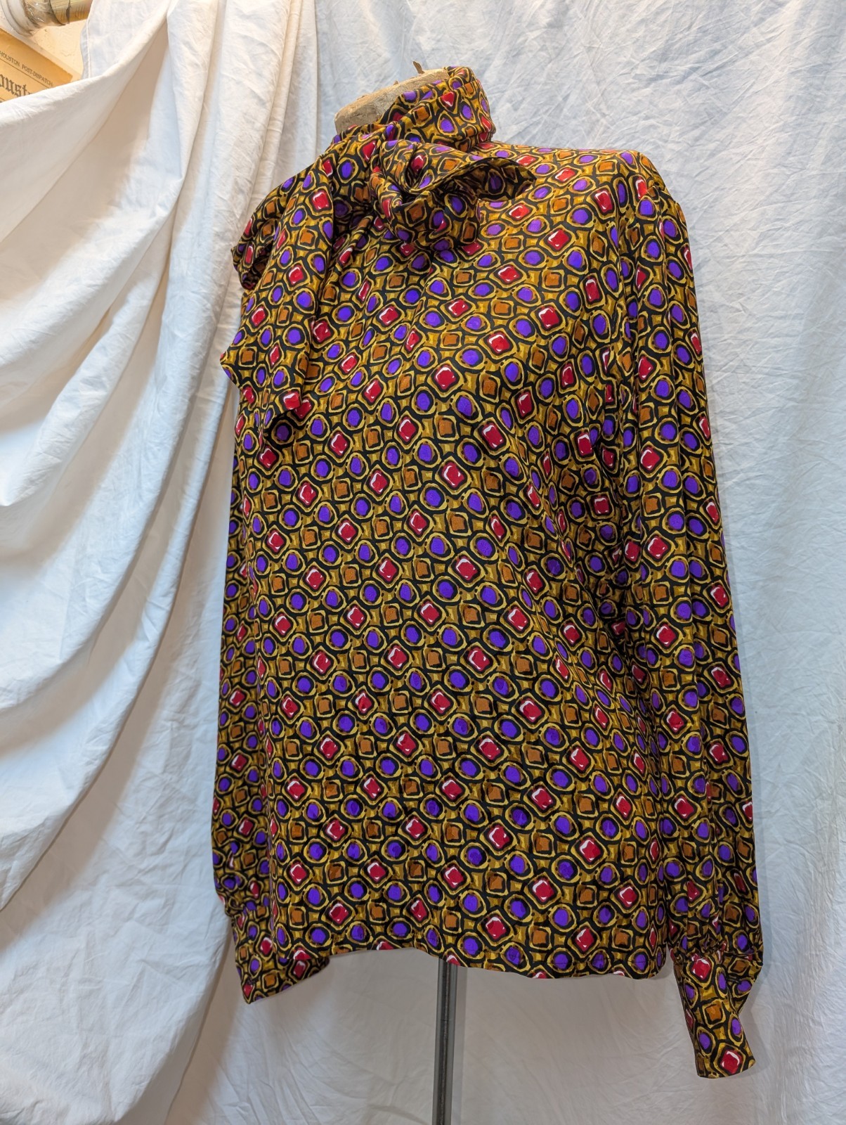 1970s Yves Saint Laurent Rive Gauche Gold Purple Black Res Blouse Size Large 40