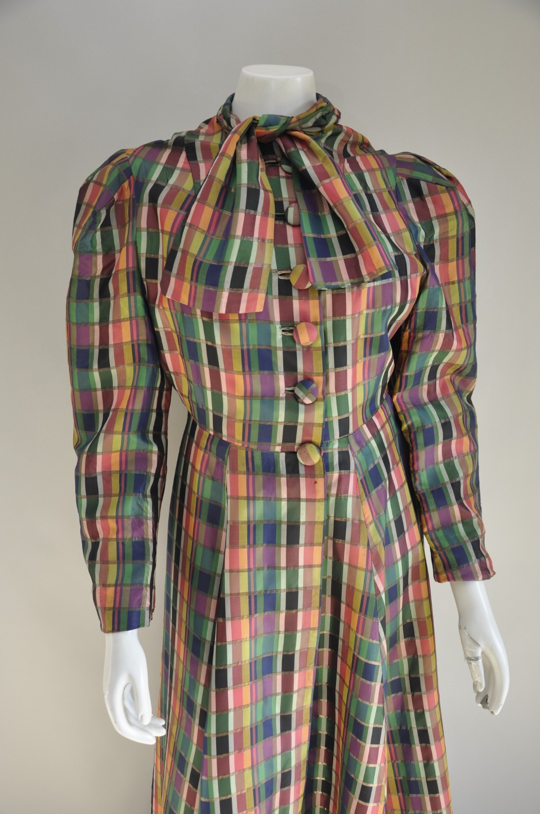 Vintage 1930s RARE Rainbow Silk Plaid Coat Mutton Sleeves Full Skirt Fancy Party