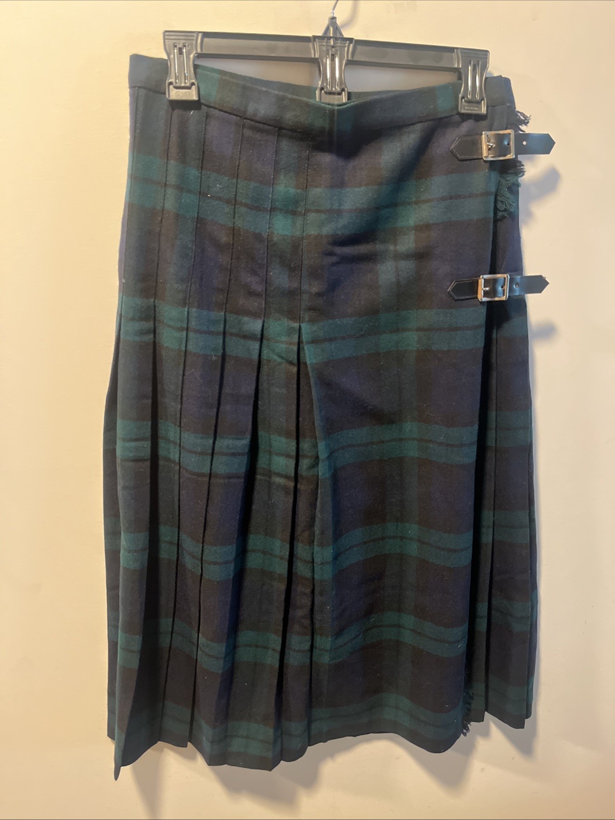 Vintage 80s Wool Kilt Skirt Aunt Abigail’s Attic Blue Green Plaid 30” W 31” L