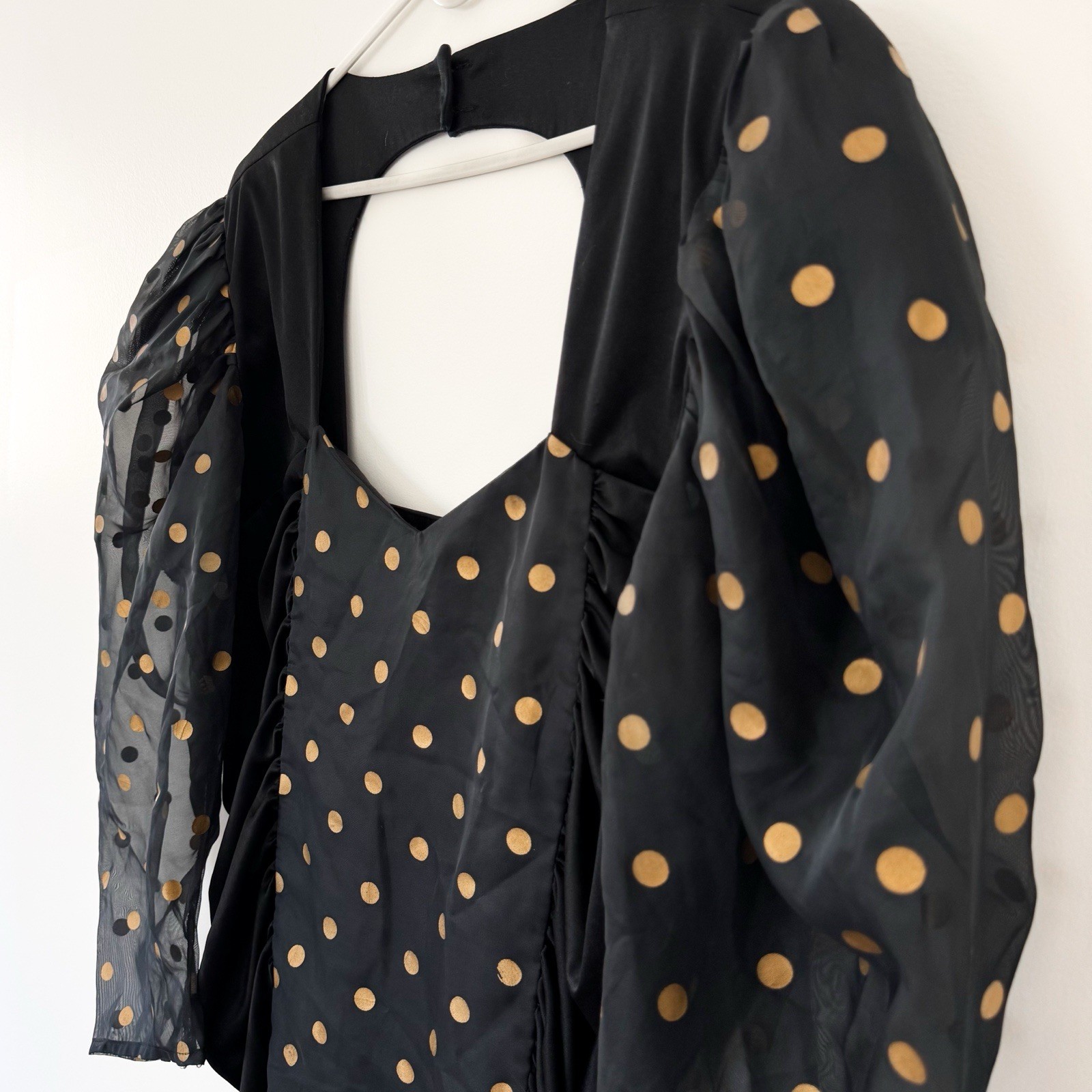 Mayvens of California 1980s Vintage Black and Gold Polka Dot Formal Party Dress