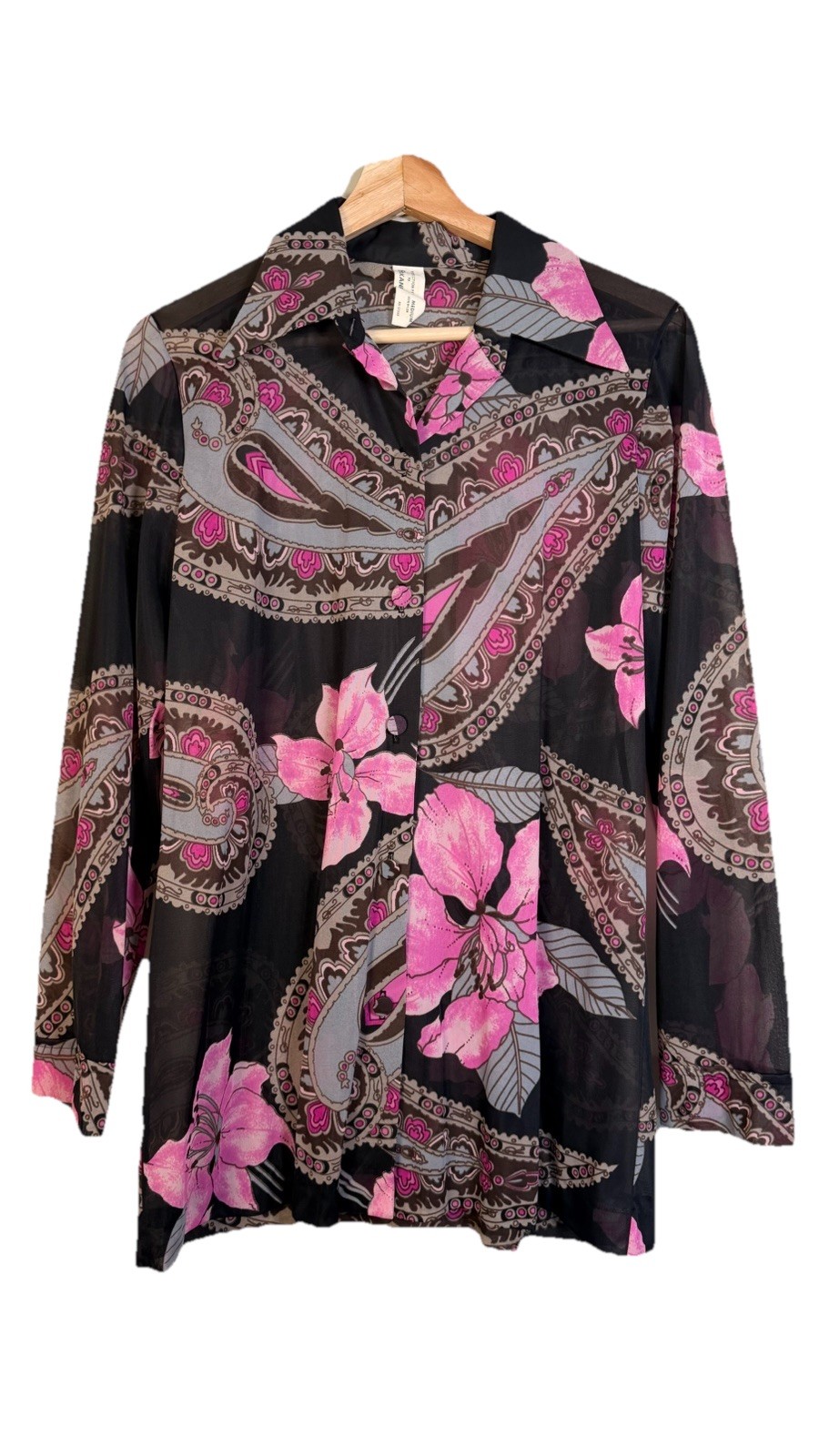 Vintage 70s Women’s Shirt Paisley Gogo Mod Disco Hippie Button Sheer Size Med