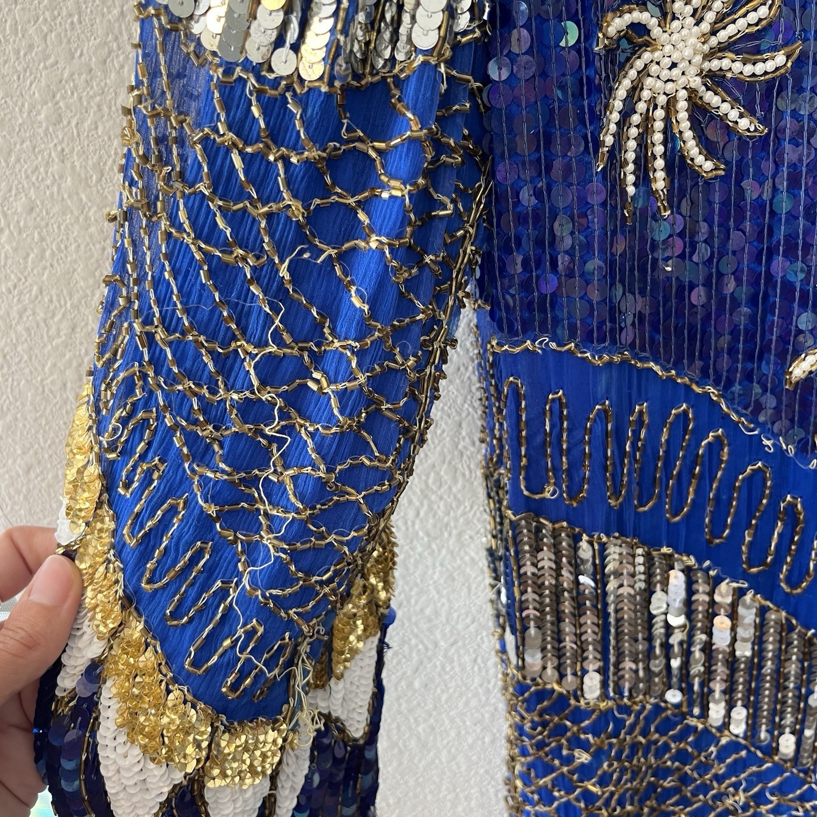 Vintage 80’s Chanson D’Amour Womens Flapper Dress 100% Silk Sequin Beaded Blue