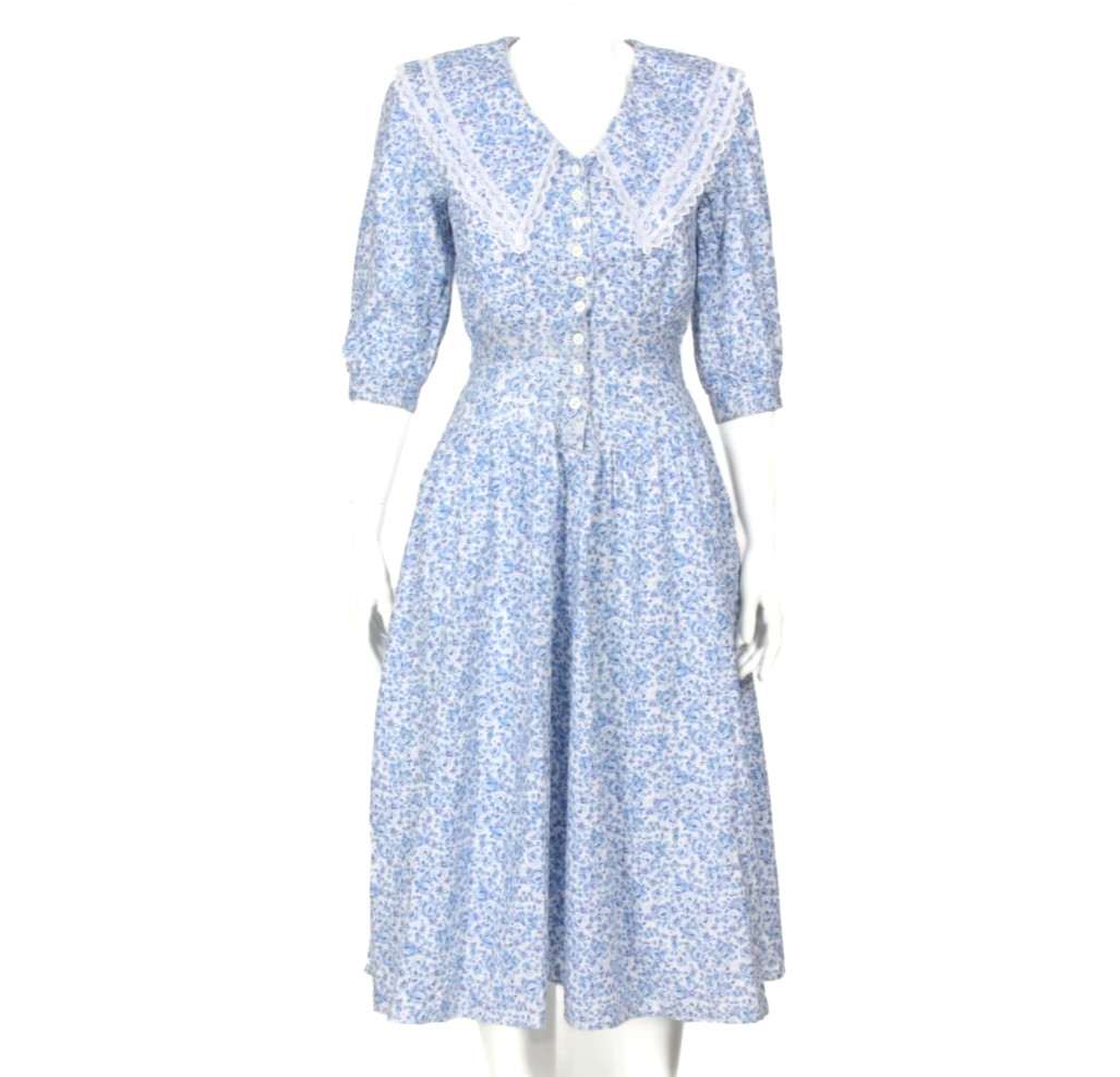 Vtg 80’s Floral Sailor Collar Garden Tea Party Country Romance Dress sz 3/4