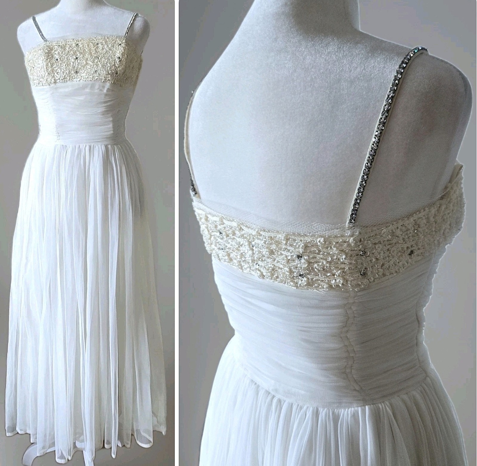 Vtg 1950s 60s Rhinestone Ruched Party Dress, Wedding, Bridal