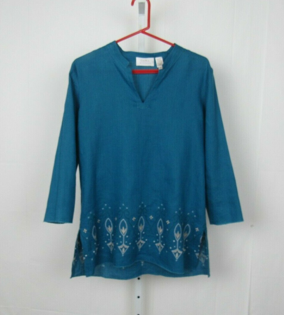 VTG 1980s DANA BUCHMAN TEAL EMBROIDERED LINEN SMOCK TOP & ROPE BELT SIZE 8
