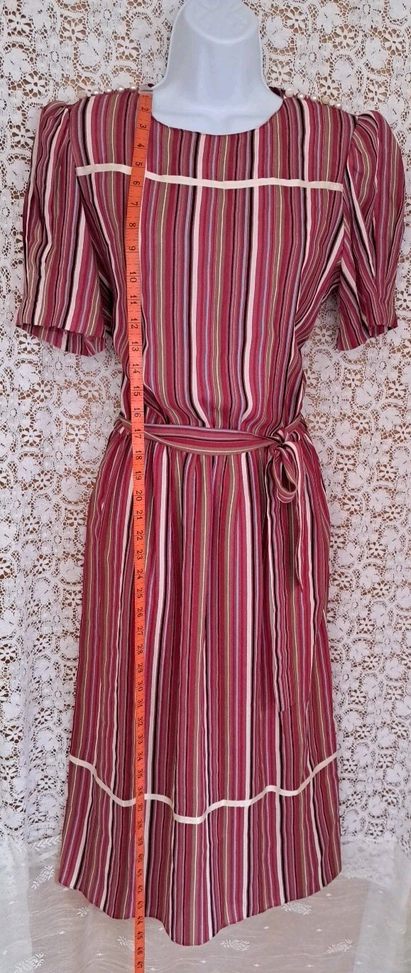 Lizzy & Johnny By Lucero Dress 12 Mauve Striped Elastic Waist Short Sleeve VTG