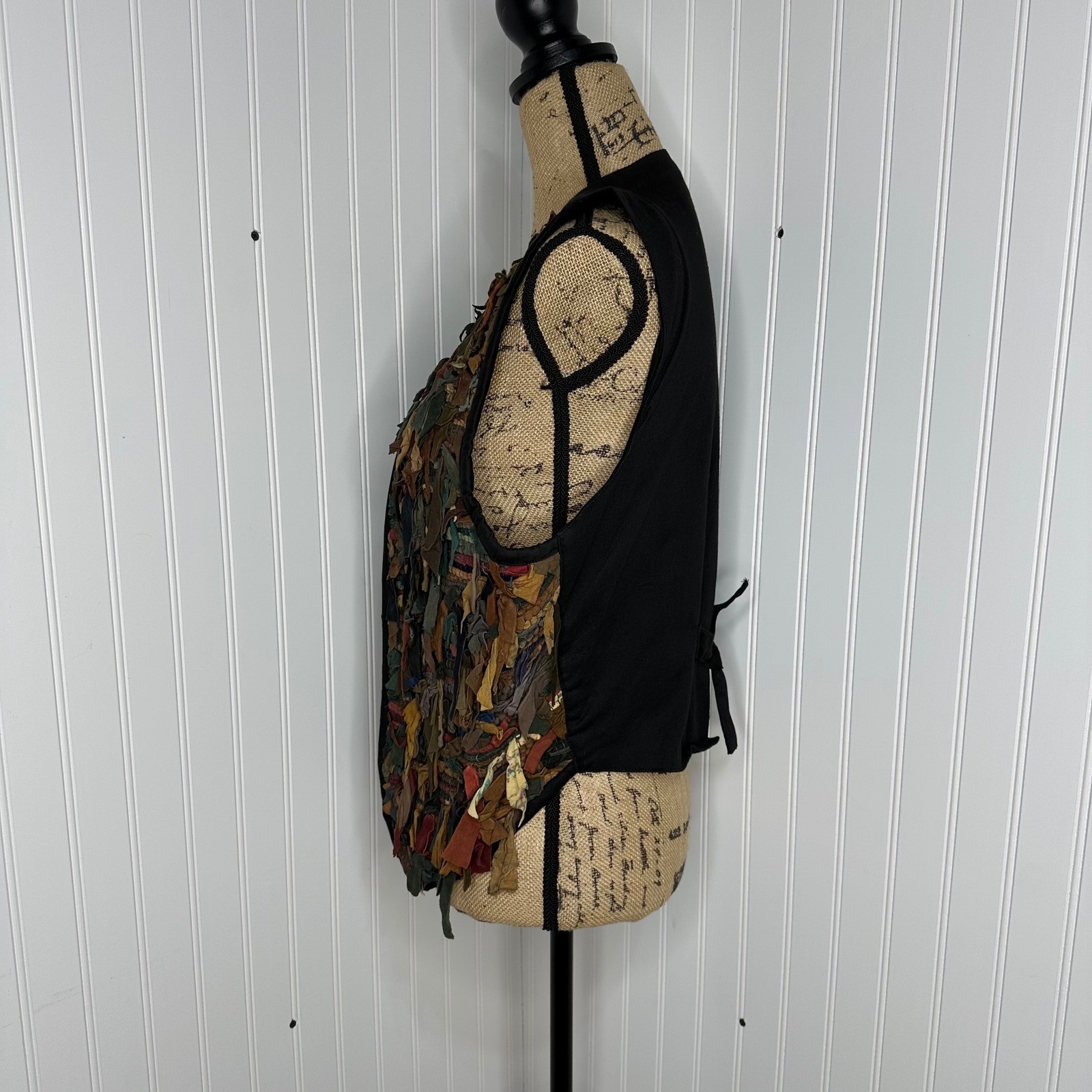 Vtg Exceptional Leather Scrap Vest Multicolor Black Boho Artwear Rag Rug Sz L