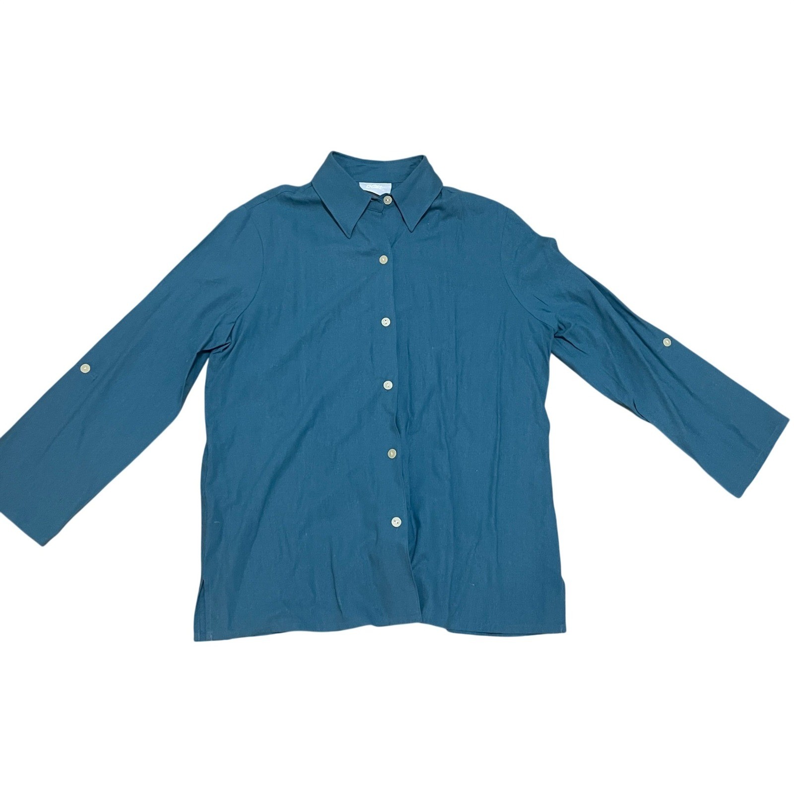 Vintage Blair SML 100% Raw Silk Button Down Shirt Teal Blue Long Sleeve Blouse