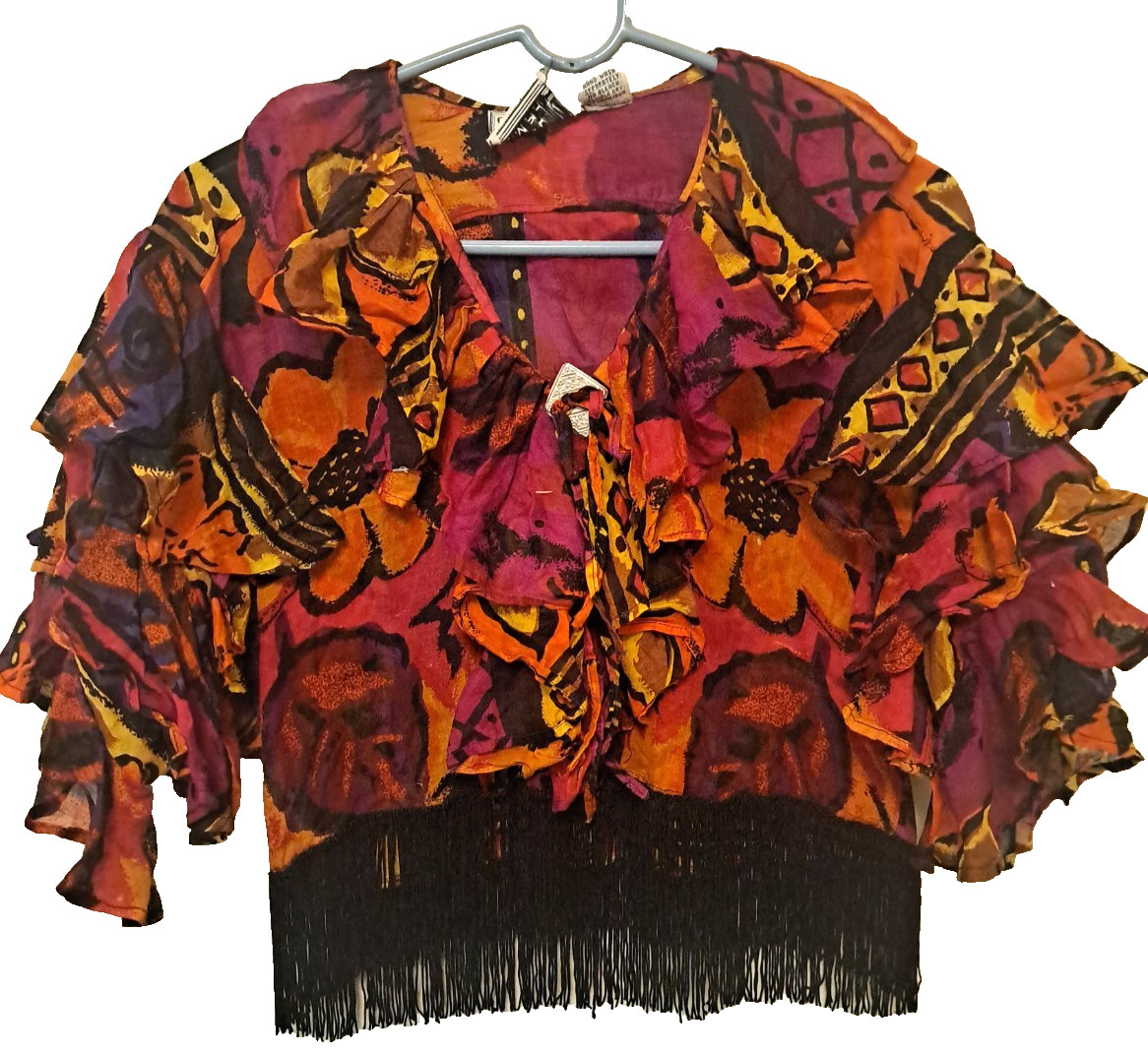 Vintage Salsa Top Ruffled Sleeves Floral Fringe Orange Pink Western Dance Boho L