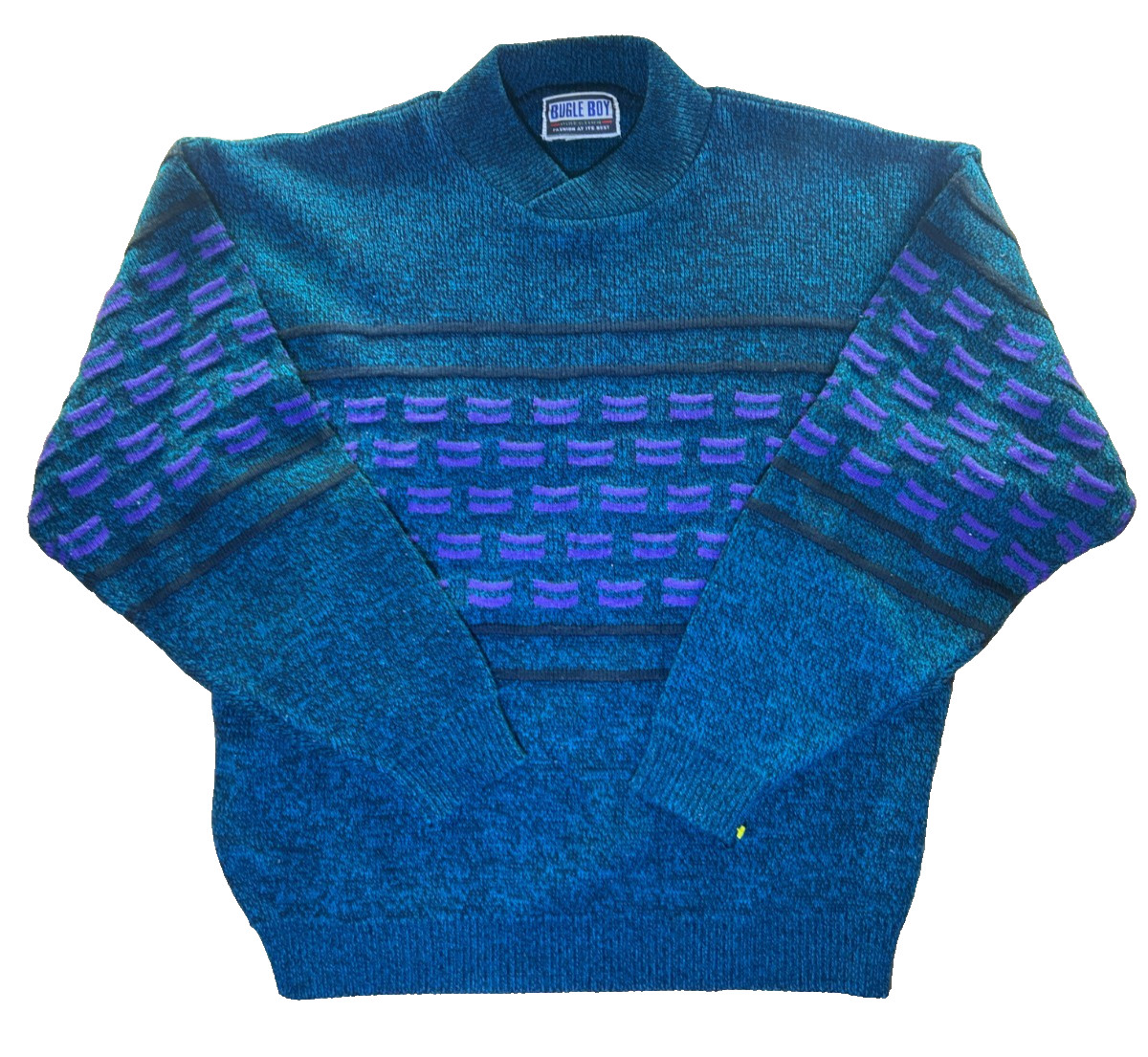 Vintage Bugle Boy Green/Purple Abstract Block Pattern Sweater 90s Mens Large