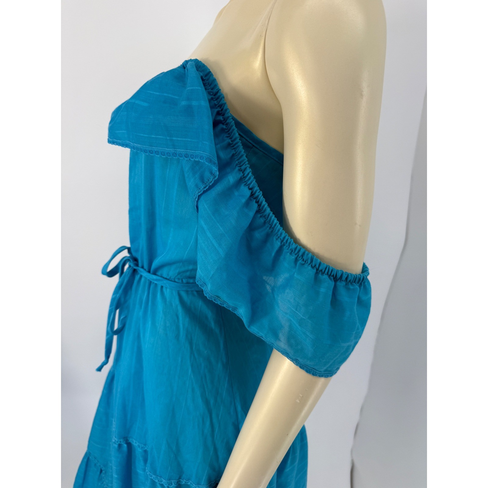 1970s Blue Off Shoulder Prairie Dress Cottagecore Boho Gauze Small
