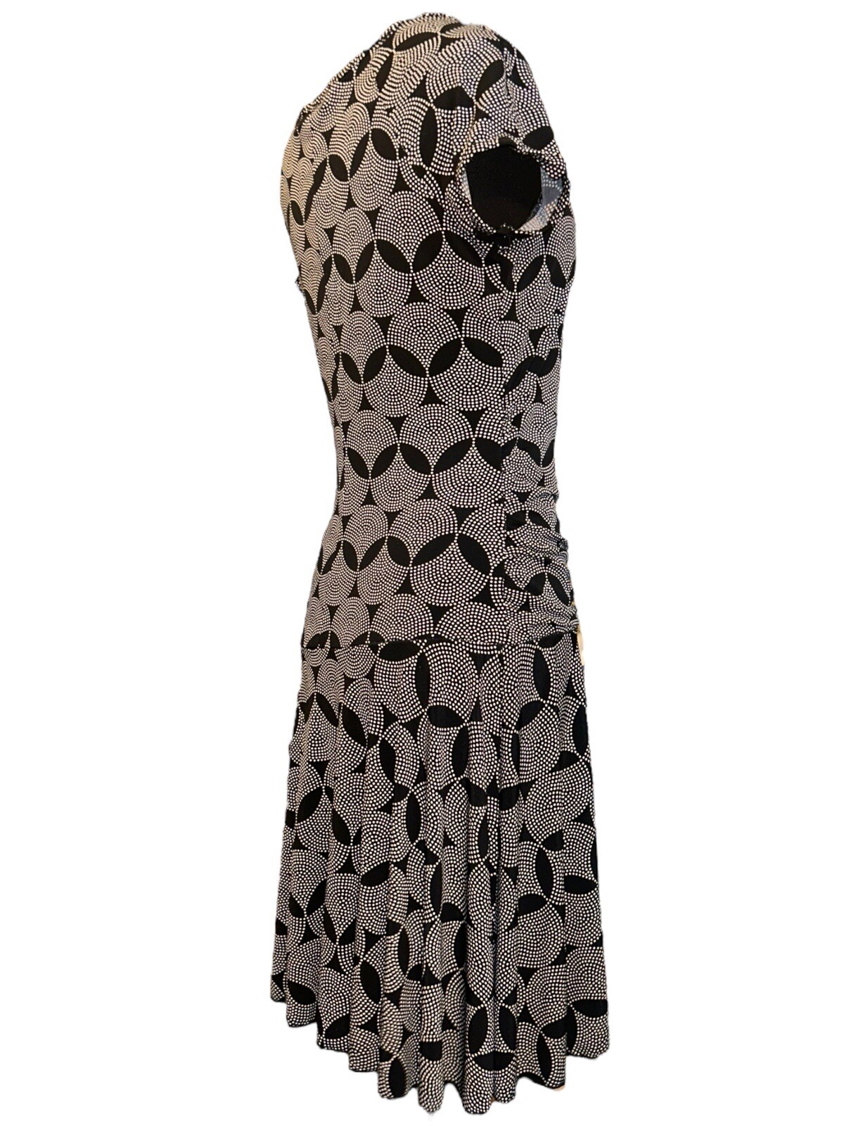 BCX V-Neck Cap Sleeve Ruching Bl/Wh Geo Print Short Faux Wrap Dress Women L VTG