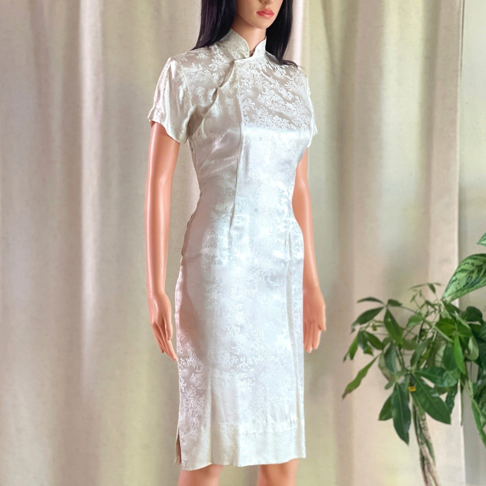 Vtg 60s Hong Kong Co Ivory White Brocade Cheongsam Qipao Dress Mandarin Collar S