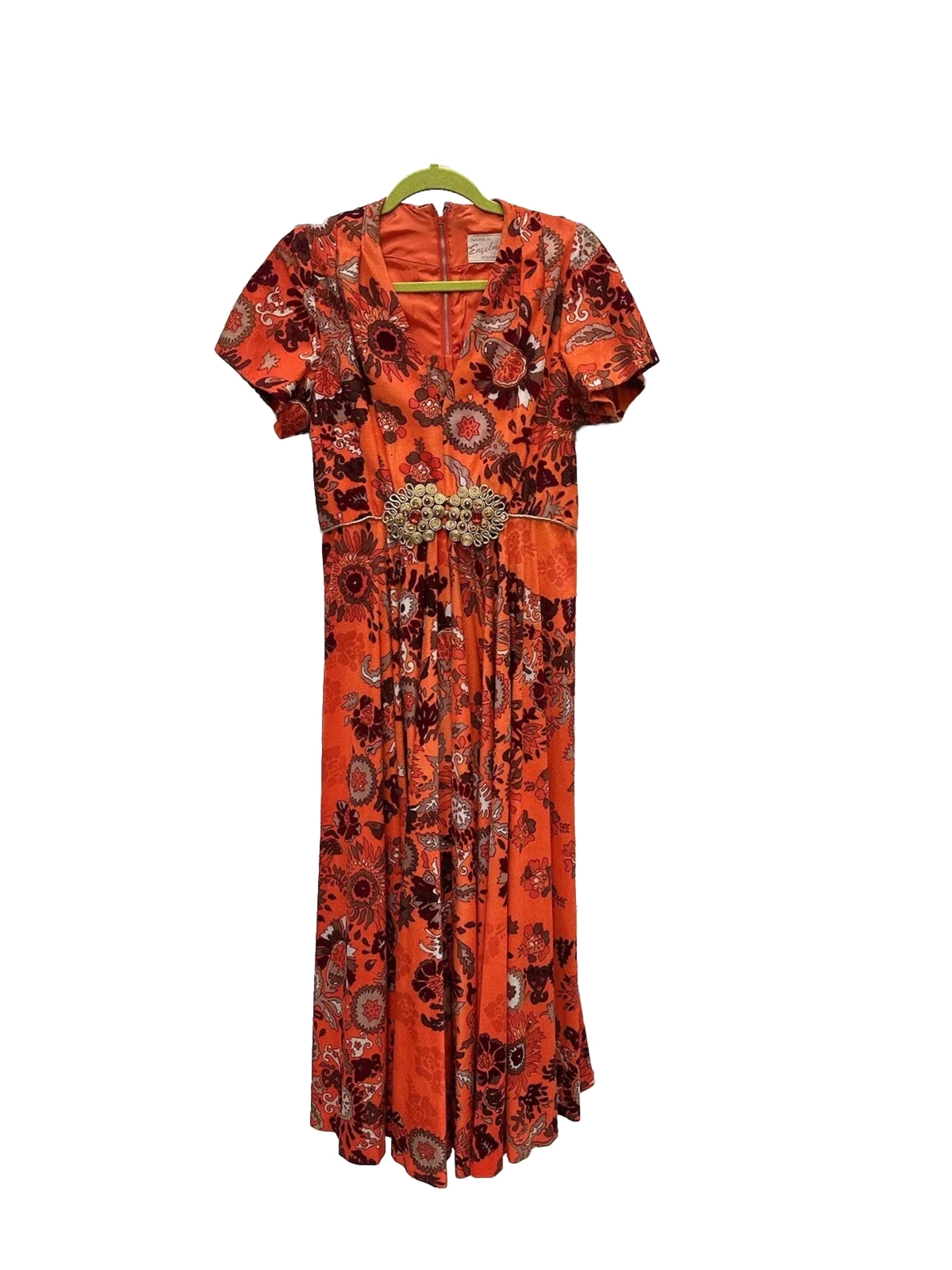 Vintage Floral Orange Gown W/ Beautiful Jeweled Sash Handmade Small To Medium