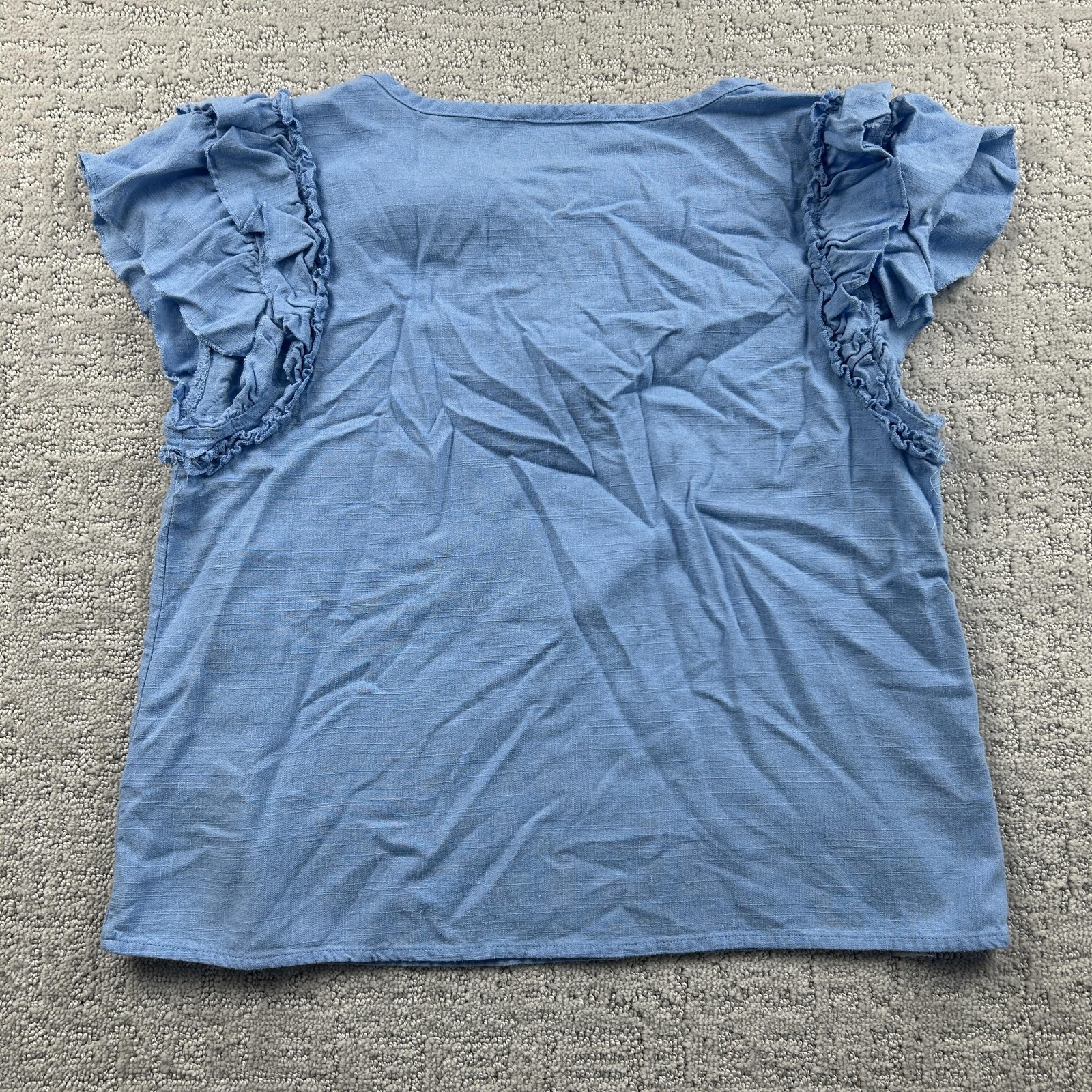 CUPIO Shirt Womens M Blue Linen Blend Embellished Everyday Casual Ruffle Sleeves