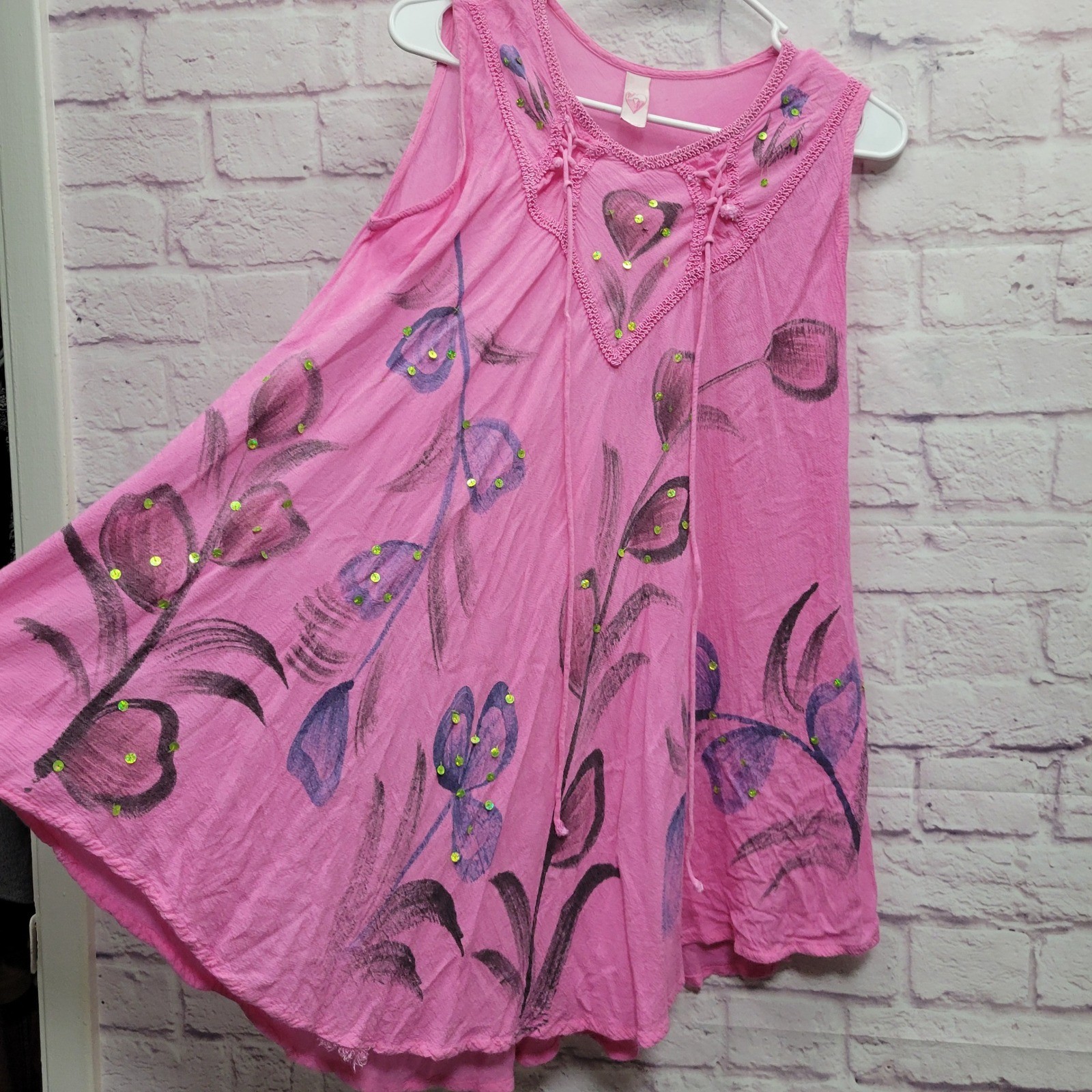 Miss Love Boho Floral Tunic Top Free Size Sequin Flowy Barbiecore Hippie Artsy