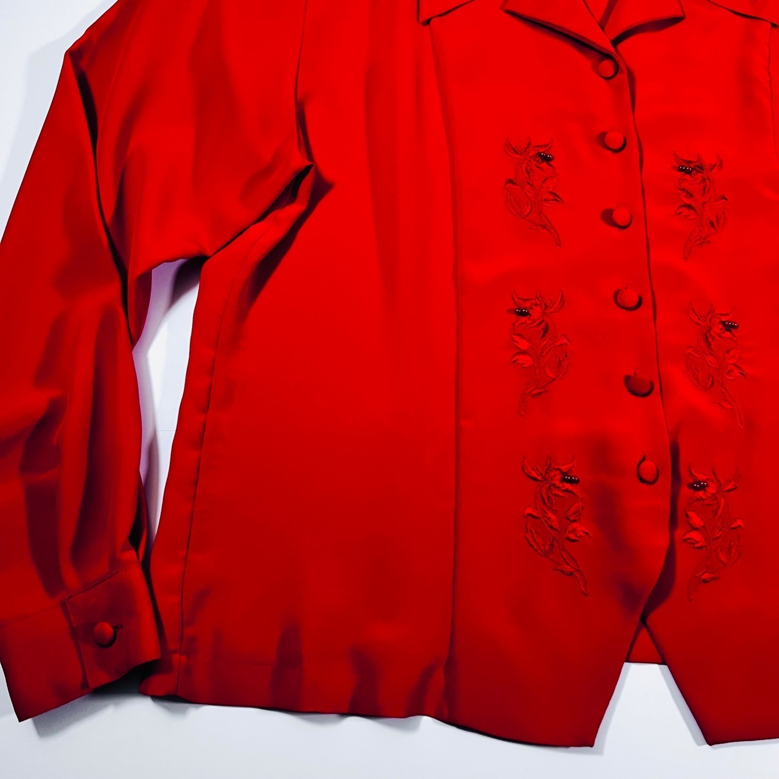Vintage Ship N Shore Red Floral Embroidered Beaded Button Down Blouse
