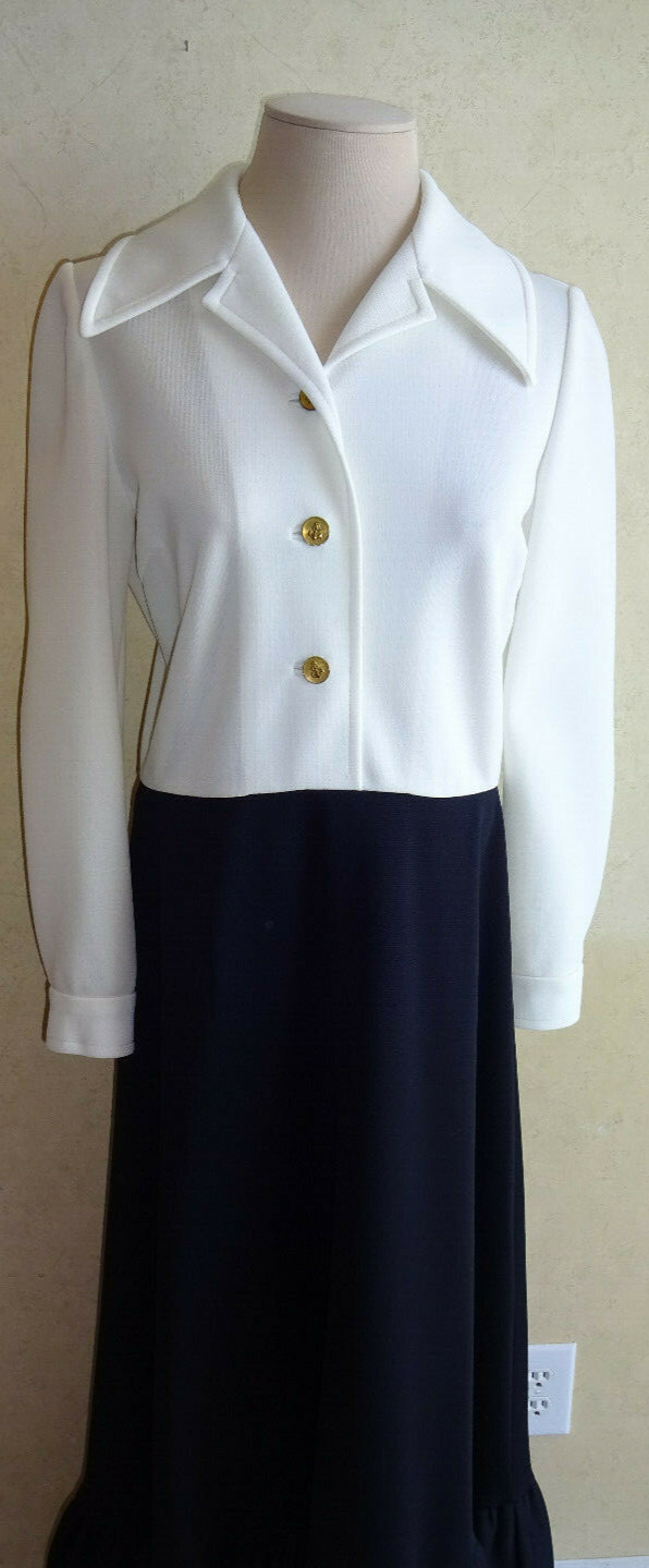 Vintage Maxi Dress 1960s 1970s Dalton Trevira Star M L 12 Black White L/S