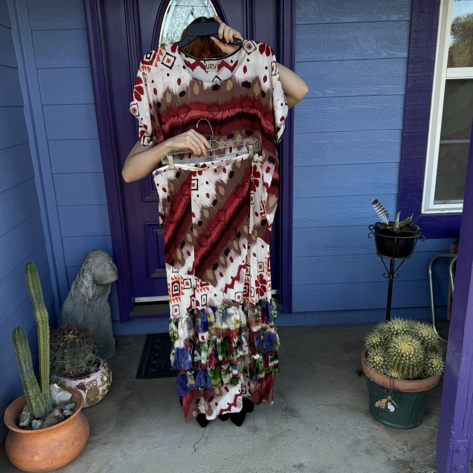 URU 100% Silk Set Matching Blouse + Skirt Size Large 2 Piece Flowy Vintage Boho