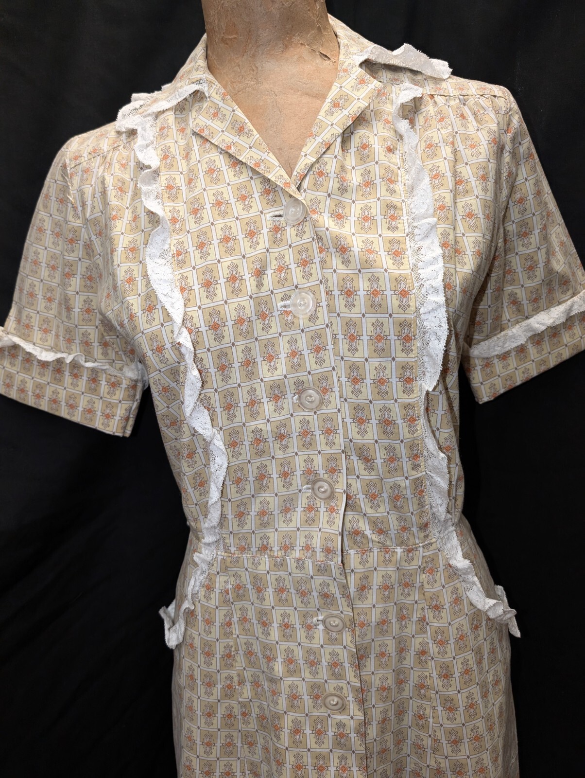 Vtg. 50s Pale Tan White Orange Cotton Button Front Day Dress S/M