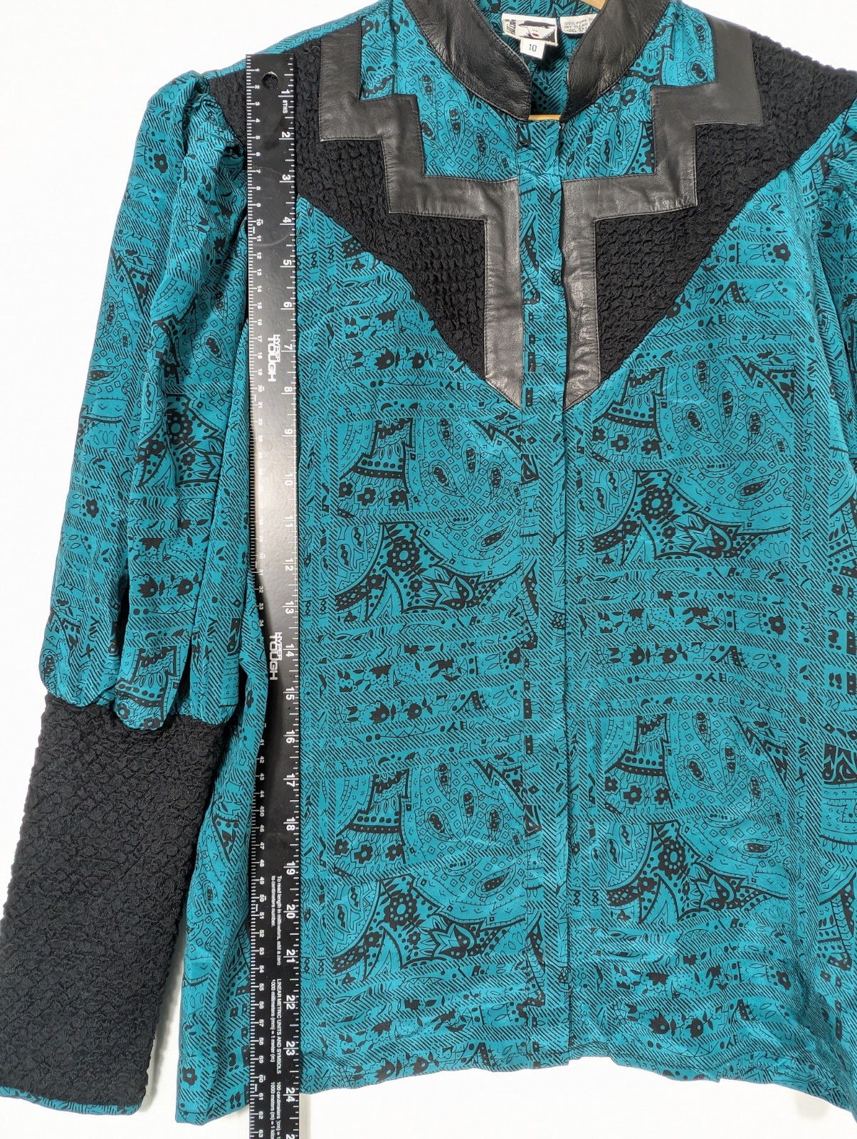 Vtg Bellino Paris 100% Silk Blouse Jacket 10 Teal Geometric Black Leather Trim