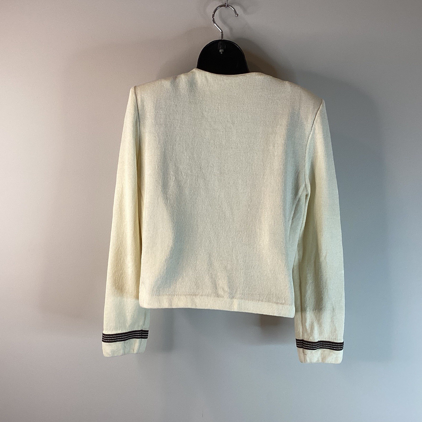 Vtg St. John Santana Knit Jacket Cream Black Trim Full Zip Cardigan Sz 8 Flawed