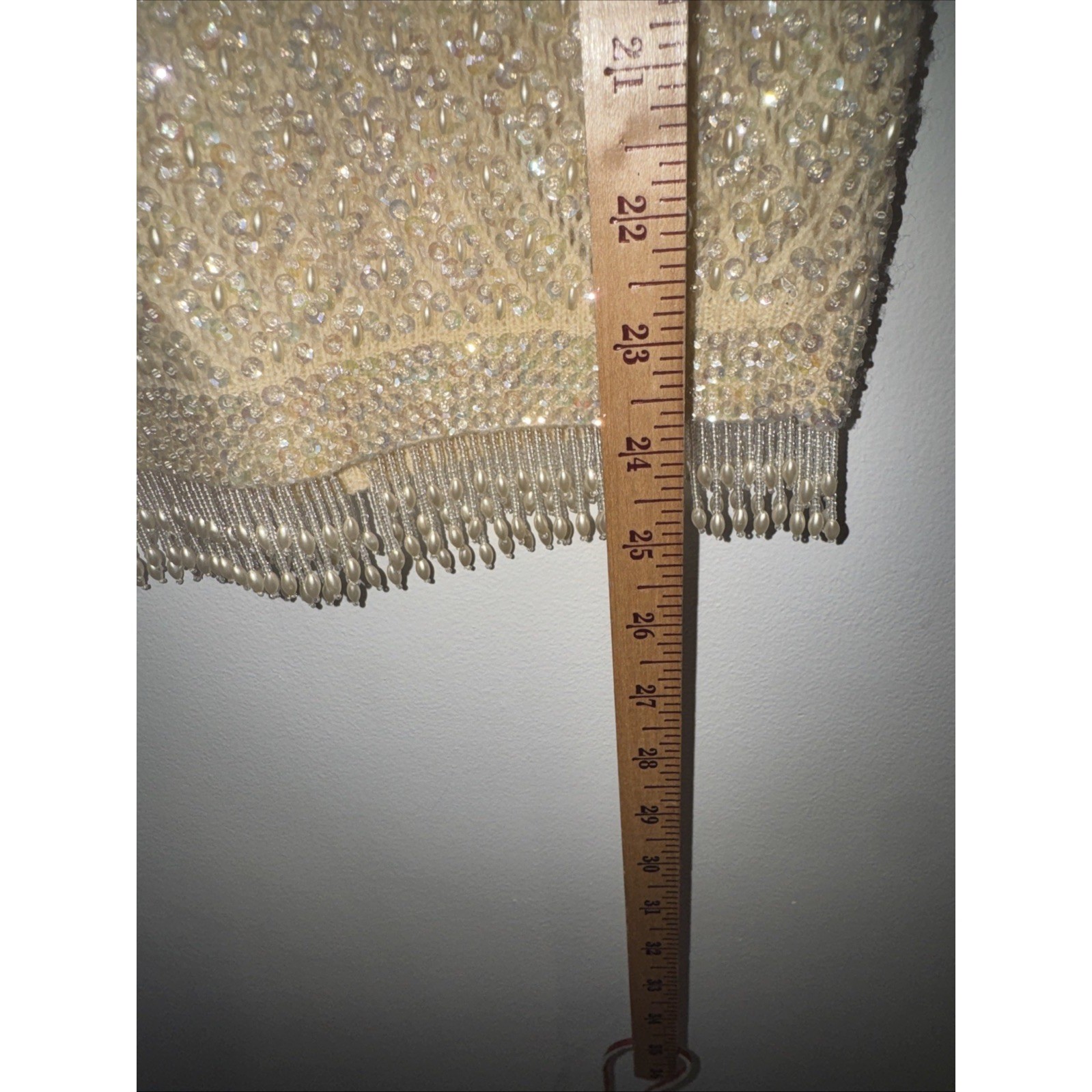 Vintage Beaded Sequin Knit Tank Top Cream Champagne Pearl Fringe Shell L