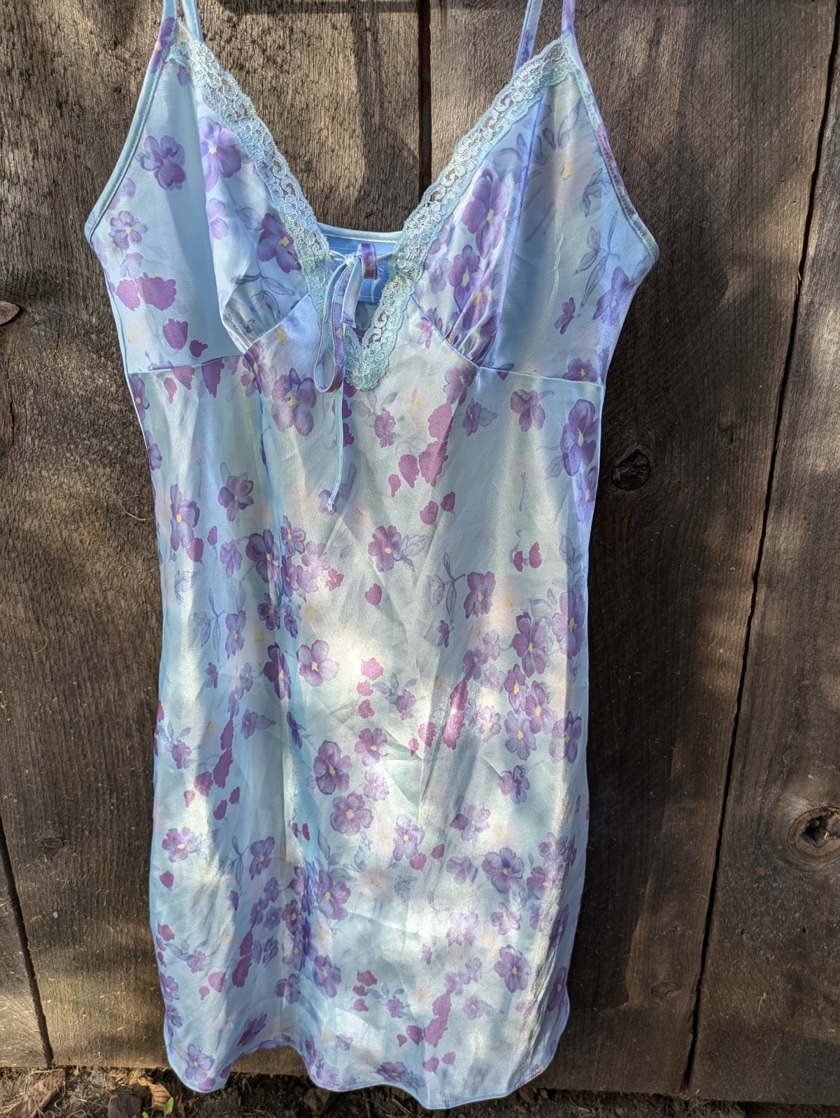 Warner’s Sleepwear Slip Dress Lingerie Blue Floral Babydoll Bow Front 90’s Y2K