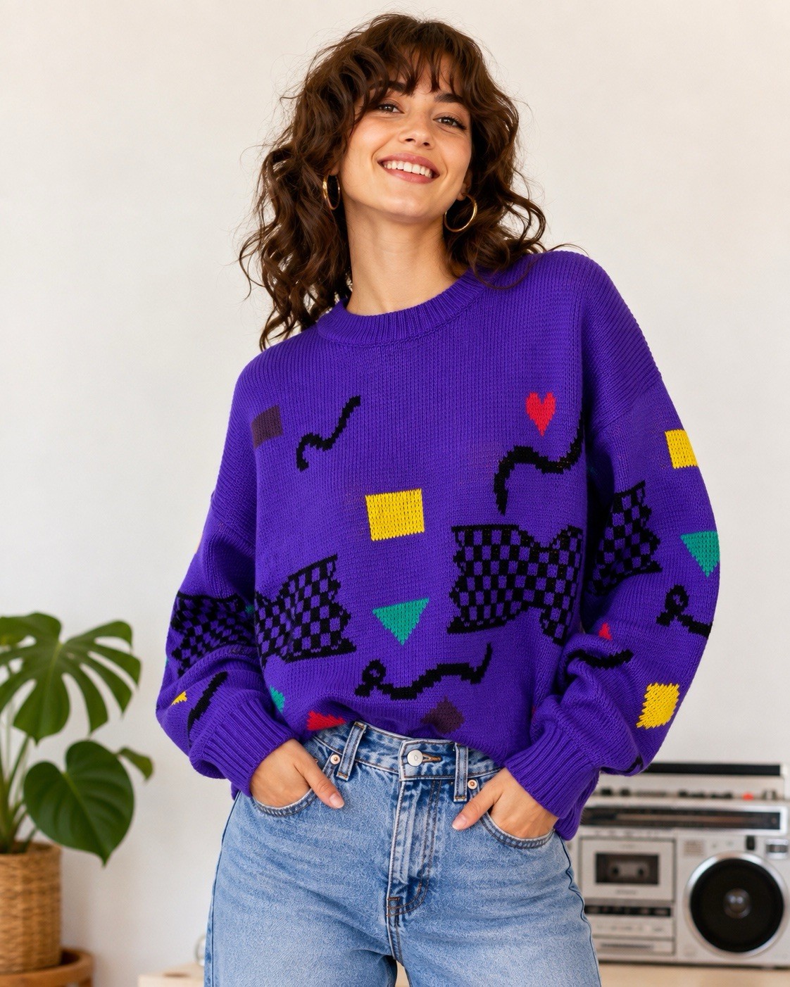 Vintage 80s Chateau Sweater M Purple Abstract Geometric Novelty Knit Colorblock