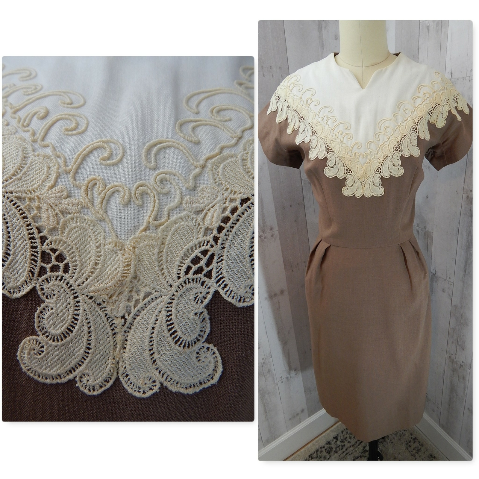 Vintage 1950s DRESS Wool Taupe Sheath Ivory Lace Applique Pinup”I love Lucy” M